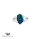 Freeform opal doublet bezel-set solitaire ring in sterling silver on a split shank, in blue and green