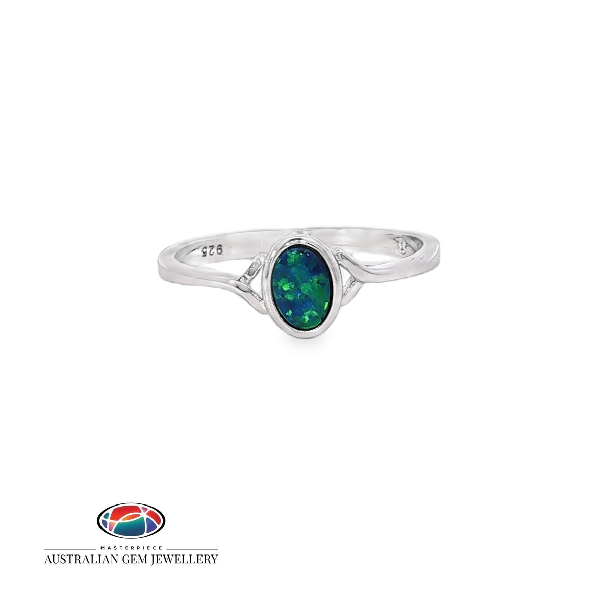 Oval opal doublet bezel-set solitaire ring in sterling silver, showing green and black play of colour