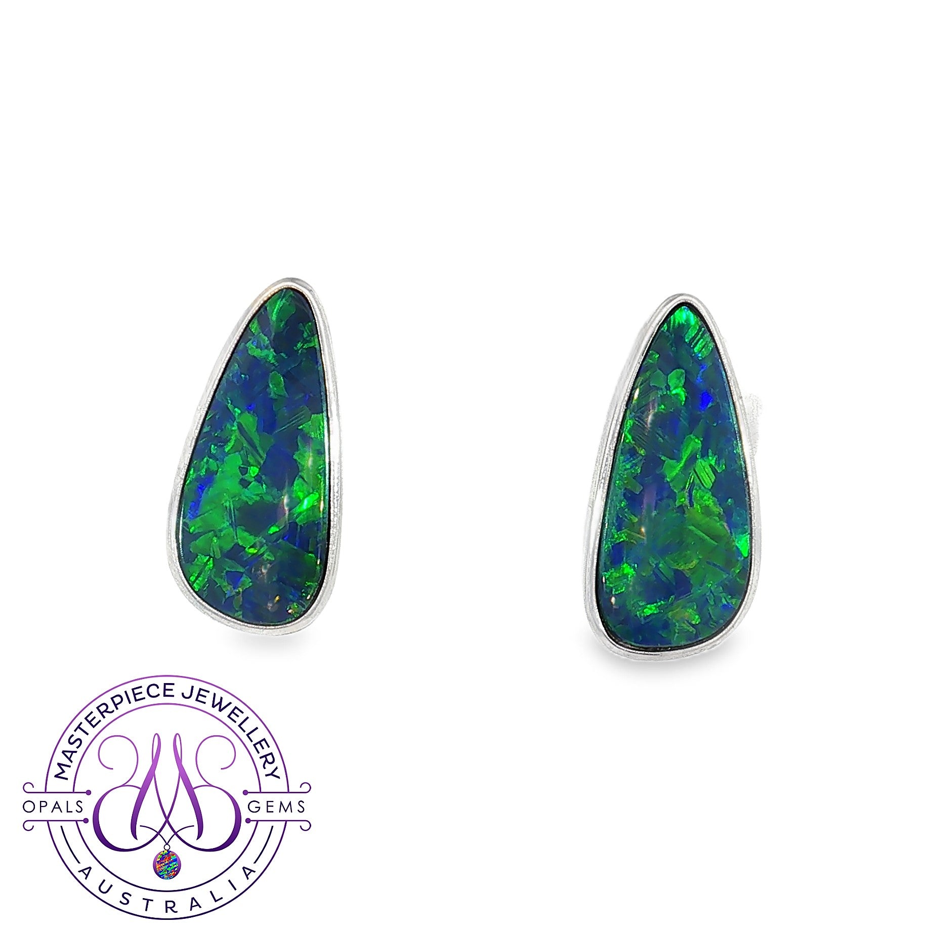 Pear-shaped opal doublet bezel stud earrings in sterling silver with blue and green play-of-colour