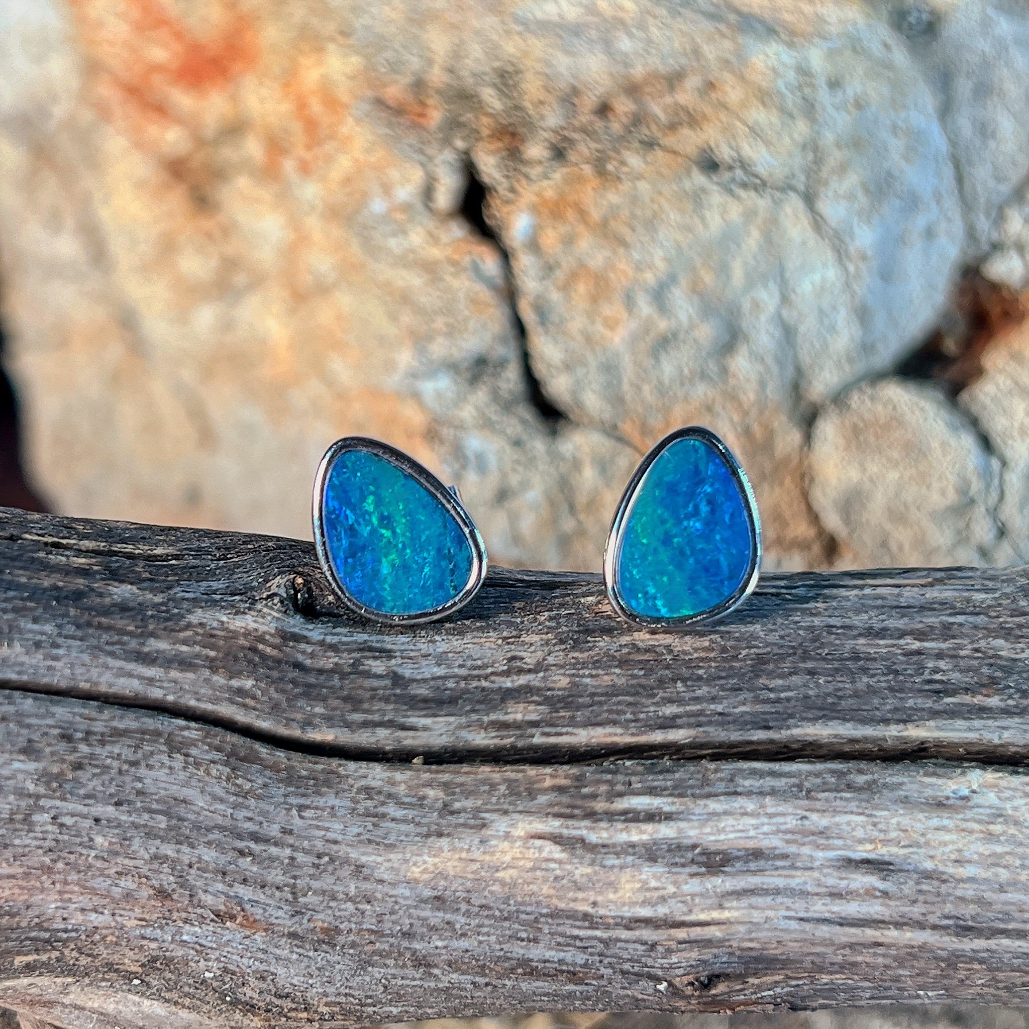 triangular Australian opal doublet earrings in sterling silver, blue and green play-of-colour