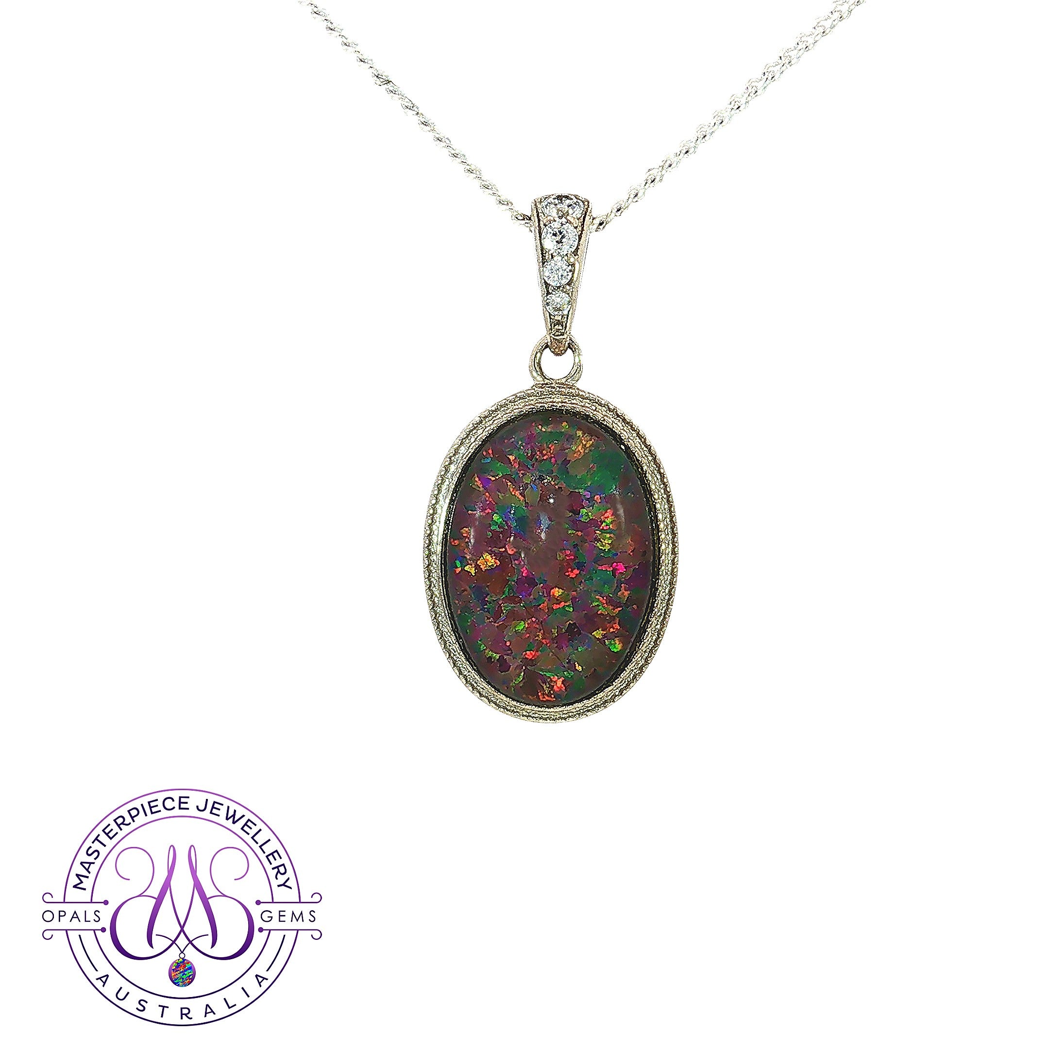 Oval 14x10mm opal triplet pendant necklace in sterling silver with a milgrain bezel