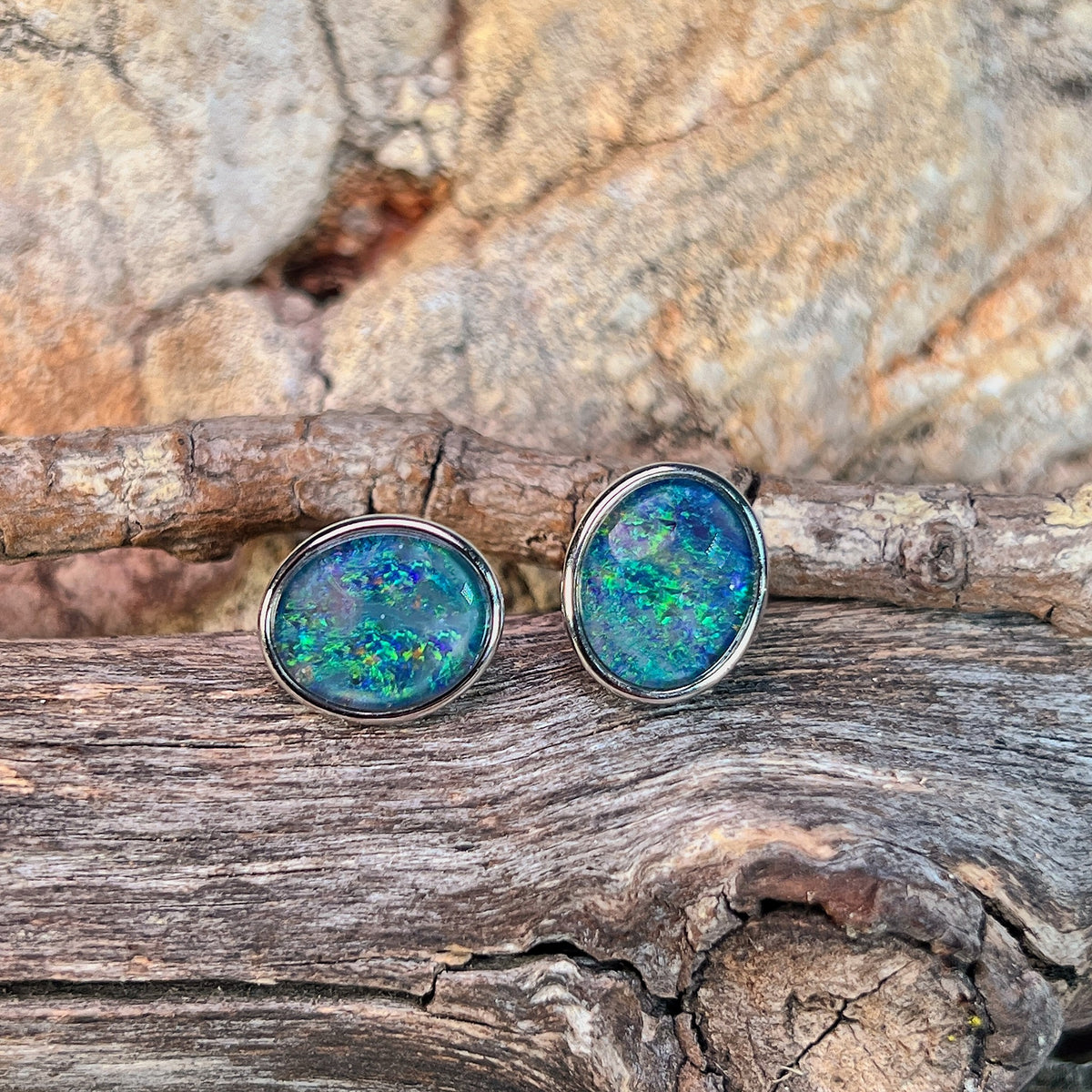 sterling silver Australian opal triplet earrings with 11 x 9mm oval stones