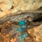blue and green play-of-colour in a 11 x 8mm rectangular Australian opal triplet ring