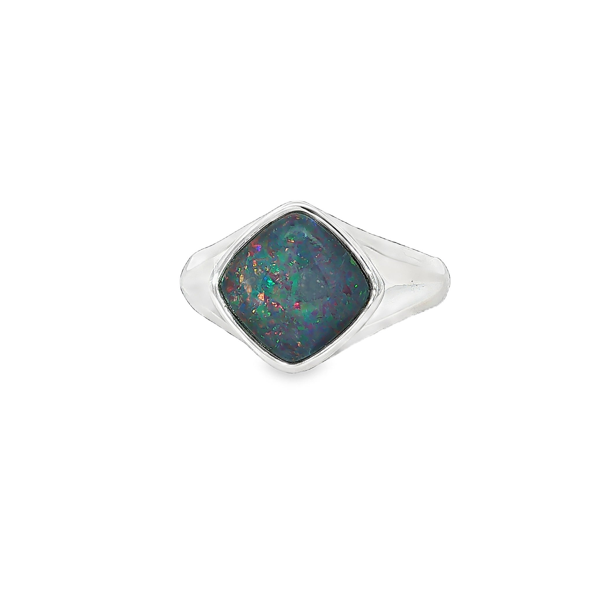 10 x 10mm cushion-shaped Australian opal triplet ring in sterling silver, red, blue and green