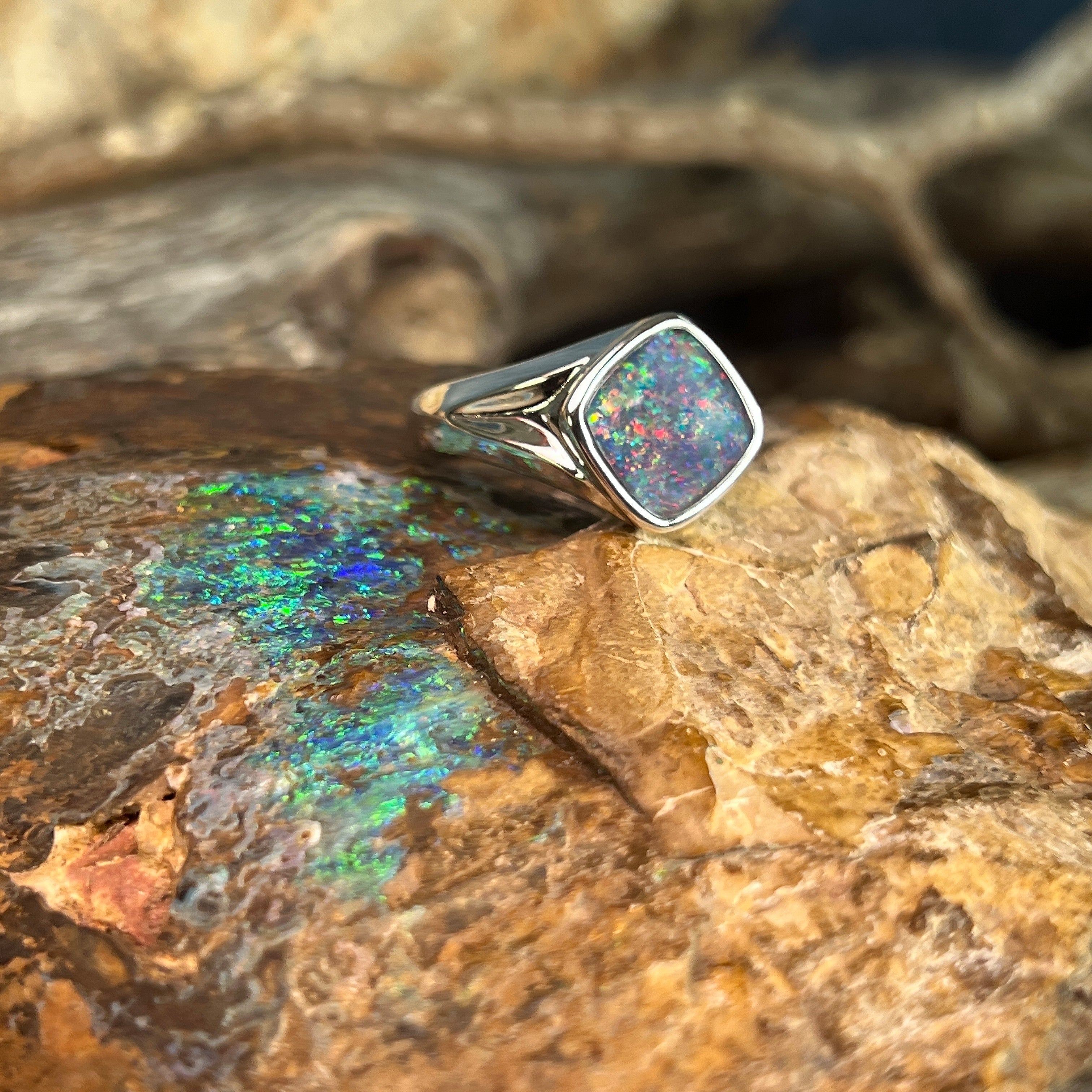 Australian opal triplet ring, sterling silver, 10 x 10mm stone showing red, blue and green