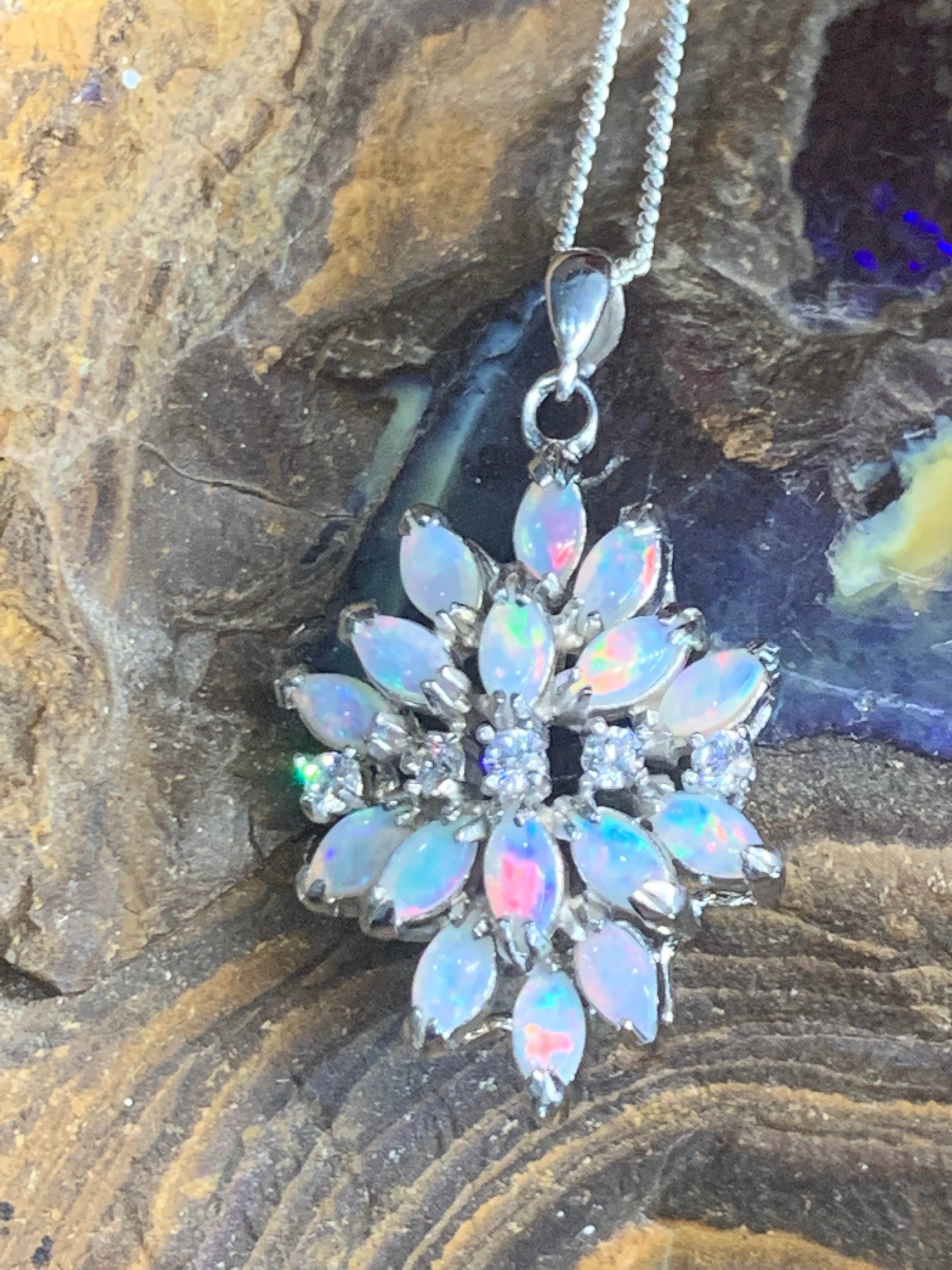 Sterling Silver cluster white opal lotus pendant - Masterpiece Jewellery Opal & Gems Sydney Australia | Online Shop