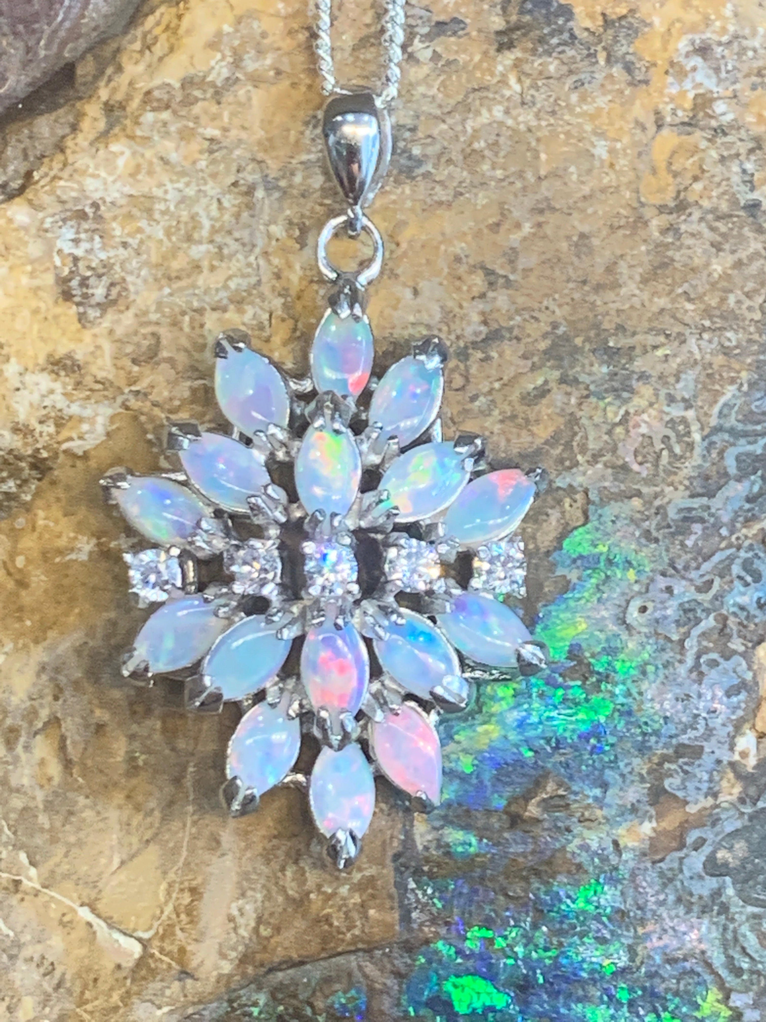 Sterling Silver cluster white opal lotus pendant - Masterpiece Jewellery Opal & Gems Sydney Australia | Online Shop