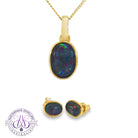 Bezel-set 14x10mm opal triplet pendant and earring set in yellow gold-plated sterling silver