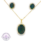 Opal triplet halo pendant and cluster earring set in yellow gold-plated sterling silver