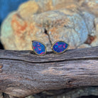 11 x 7.5mm Australian opal doublet earrings in yellow gold-plated silver, red, blue and green