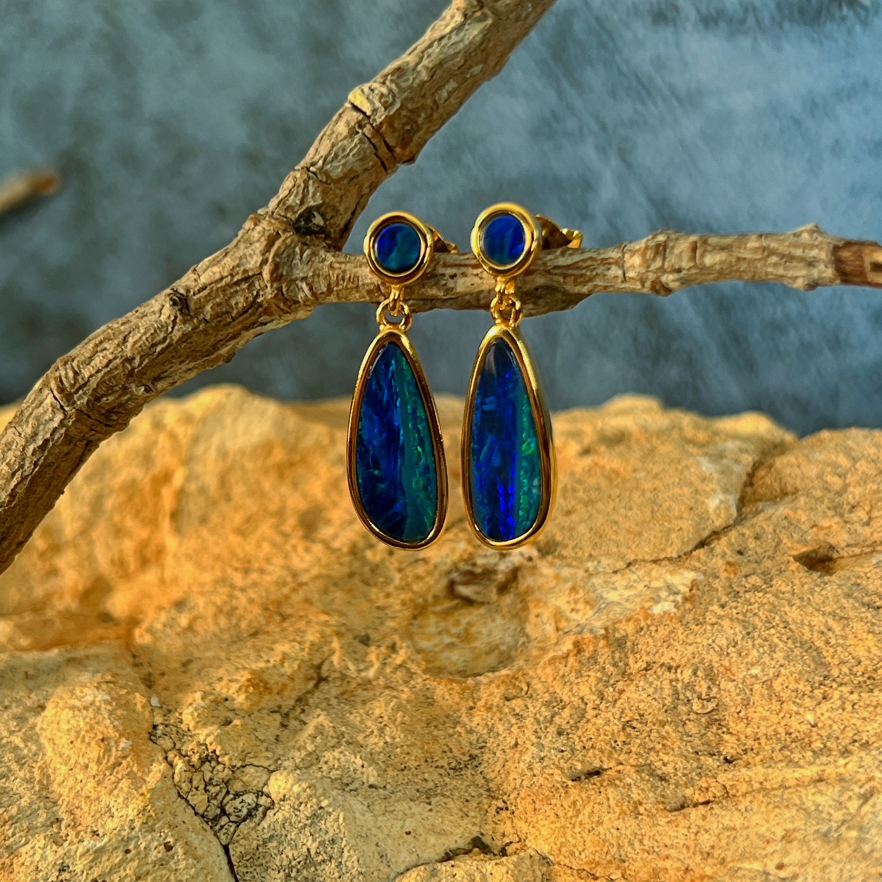 green and blue play-of-colour in 16.5 x 7mm and 5mm round Australian opal doublet earrings