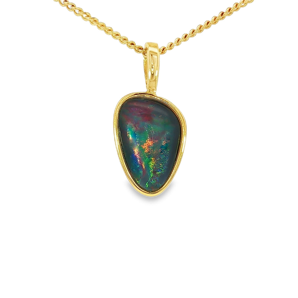 12 x 8mm freeform Australian opal triplet pendant in yellow gold-plated silver, blue, red and green