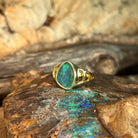 freeform Australian opal triplet ring in yellow gold-plated silver, blue and green play-of-colour