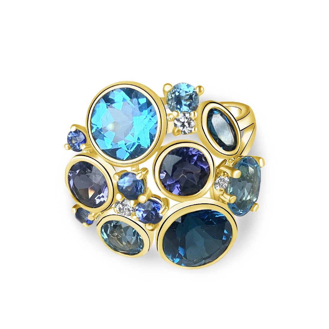 18kt Yellow Gold designer cluster ring with Tanzanite, Blue Topaz and Iolite - Masterpiece Jewellery Opal & Gems Sydney Australia | Online Shop