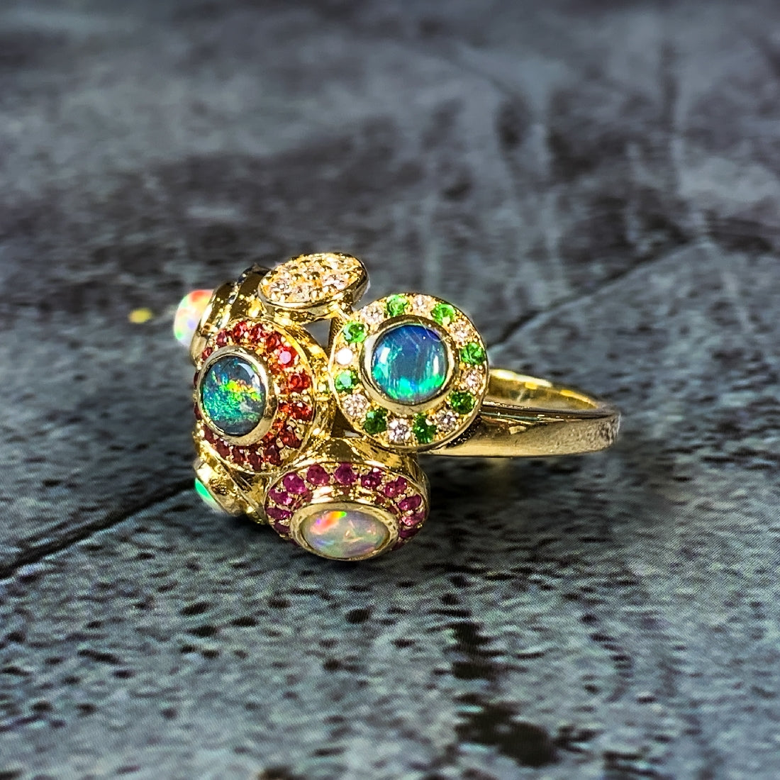 18kt Yellow Gold designer cluster ring with multi colour Opals, Diamonds, Sapphires and Rubies - Masterpiece Jewellery Opal & Gems Sydney Australia | Online Shop