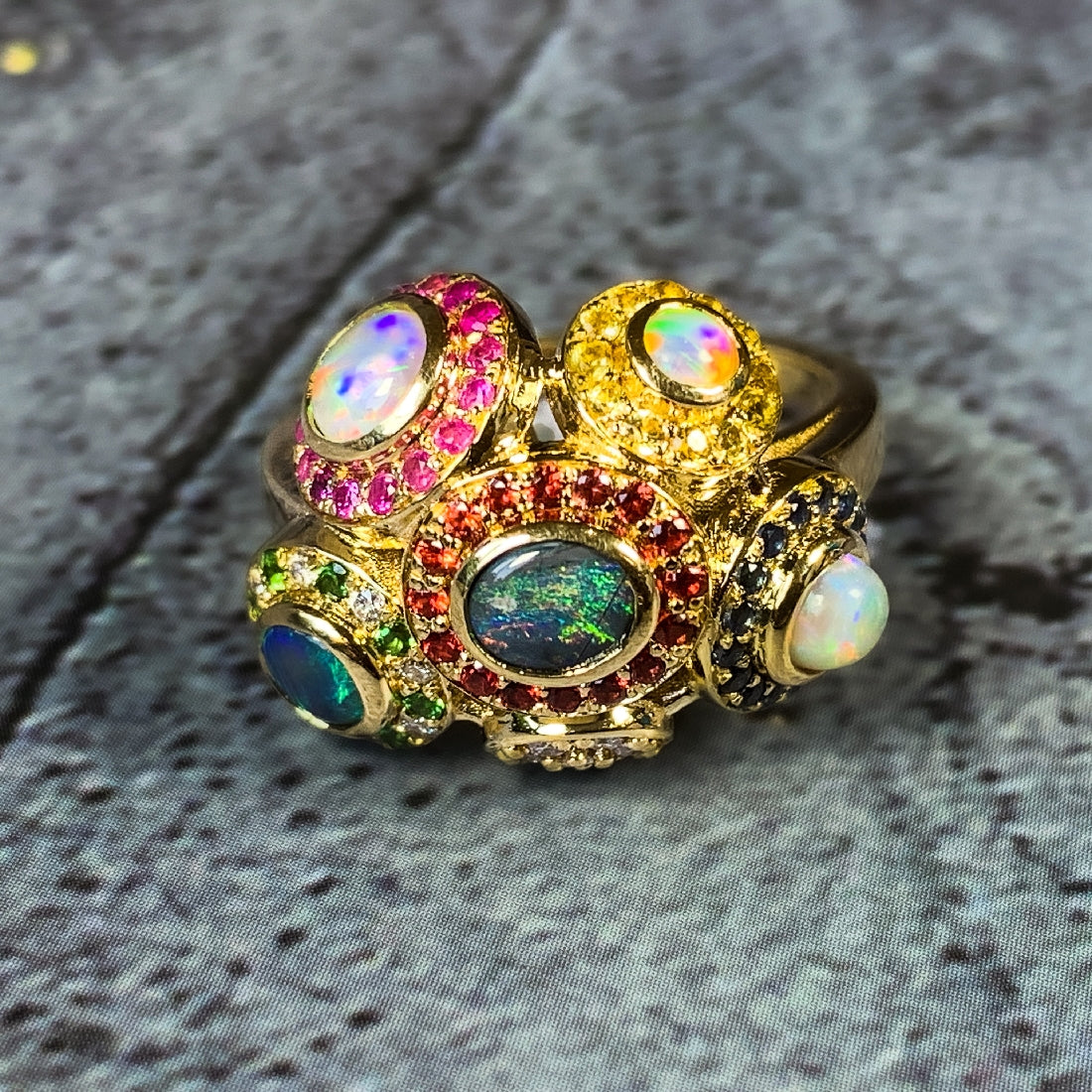 18kt Yellow Gold designer cluster ring with multi colour Opals, Diamonds, Sapphires and Rubies - Masterpiece Jewellery Opal & Gems Sydney Australia | Online Shop