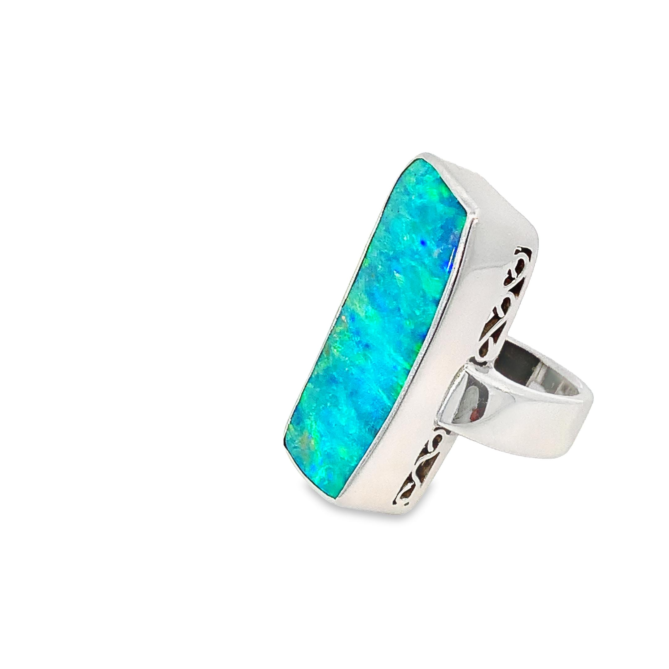 18kt White Gold Boulder Opal 17.98ct Blue Green rectangular ring - Masterpiece Jewellery Opal & Gems Sydney Australia | Online Shop