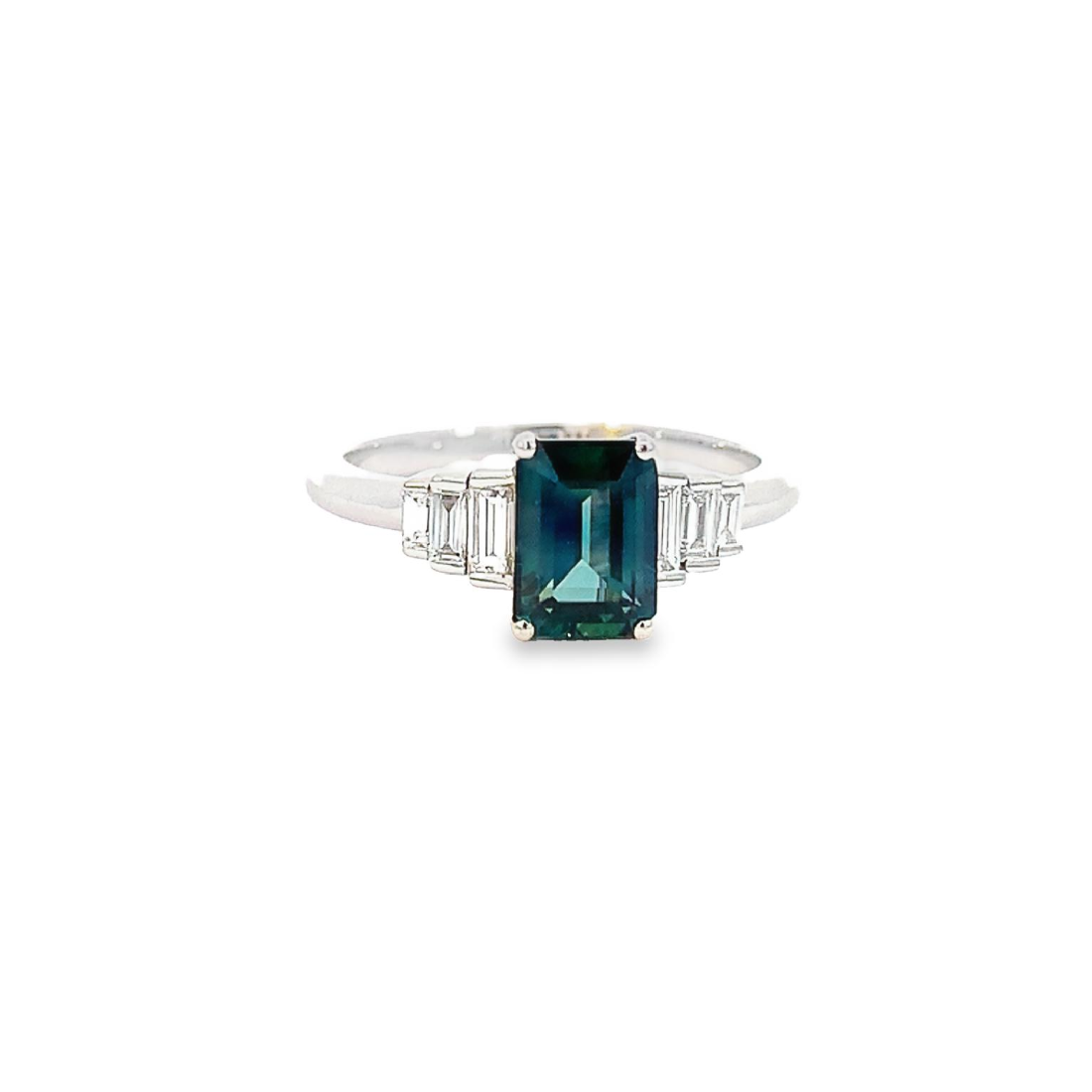 Platinum Radiant cut Teal sapphire and diamond ring - Masterpiece Jewellery Opal & Gems Sydney Australia | Online Shop