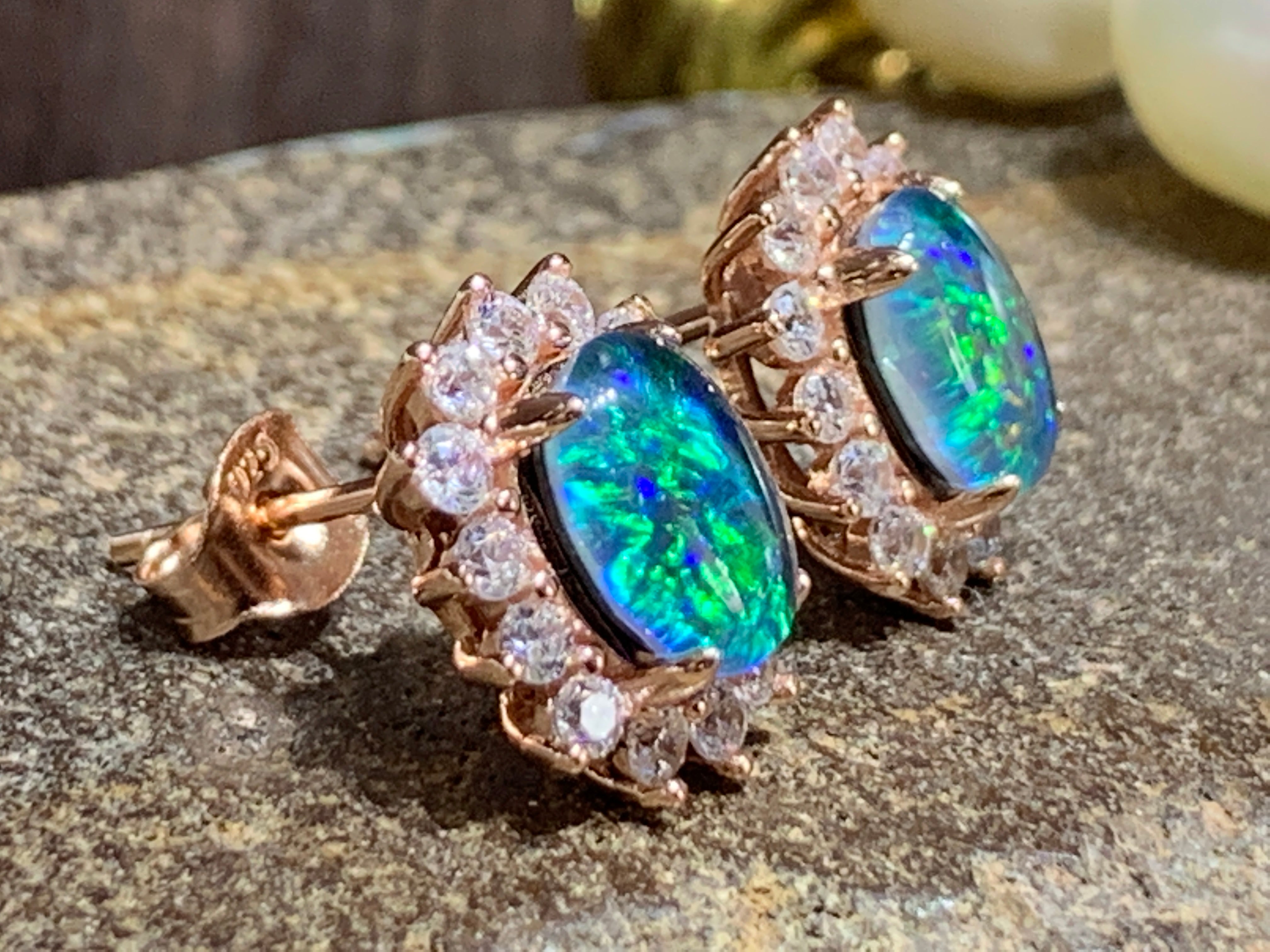 Sterling Silver Rose Gold plated Cluster 8x6mm Opal triplet studs - Masterpiece Jewellery Opal & Gems Sydney Australia | Online Shop