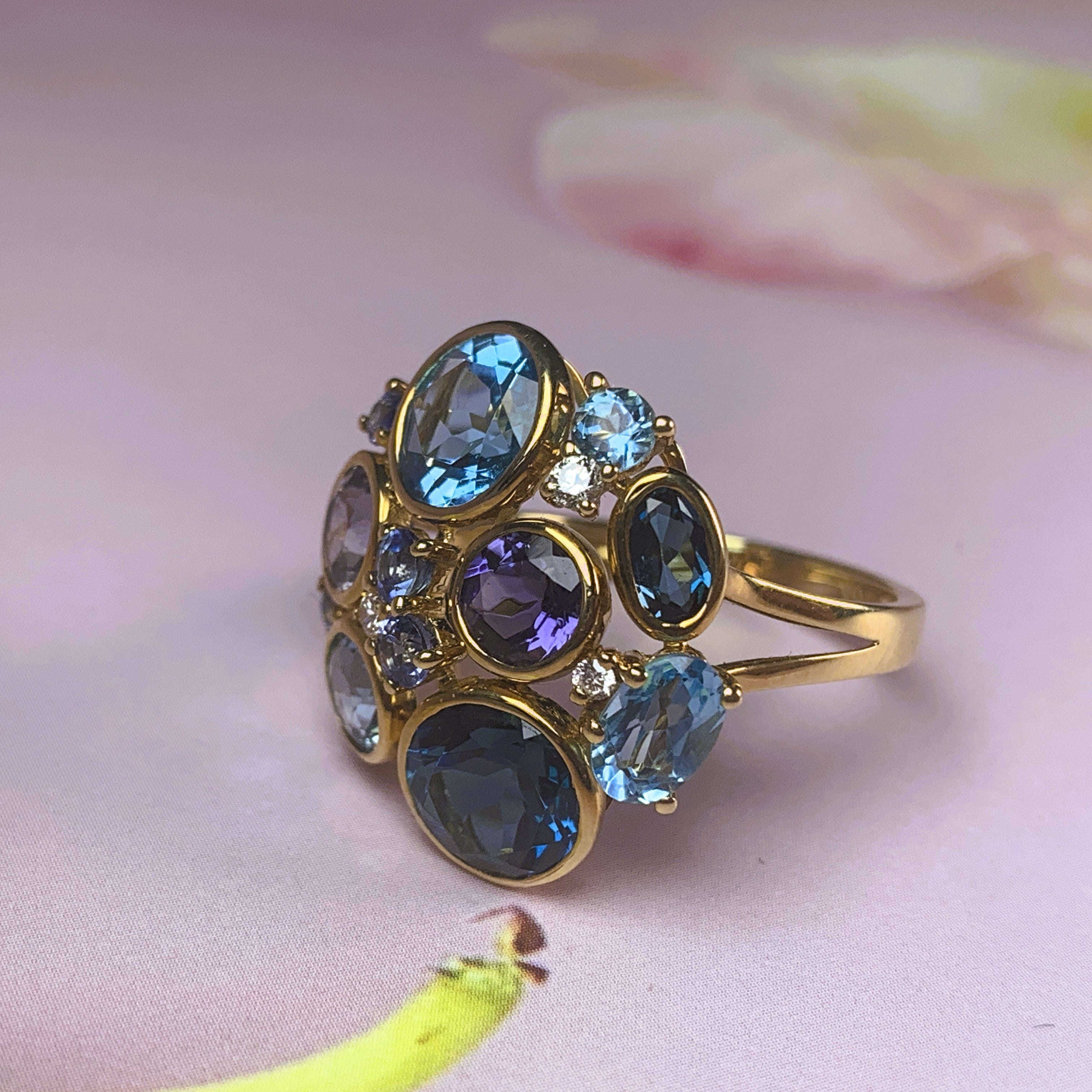 18kt Yellow Gold designer cluster ring with Tanzanite, Blue Topaz and Iolite - Masterpiece Jewellery Opal & Gems Sydney Australia | Online Shop