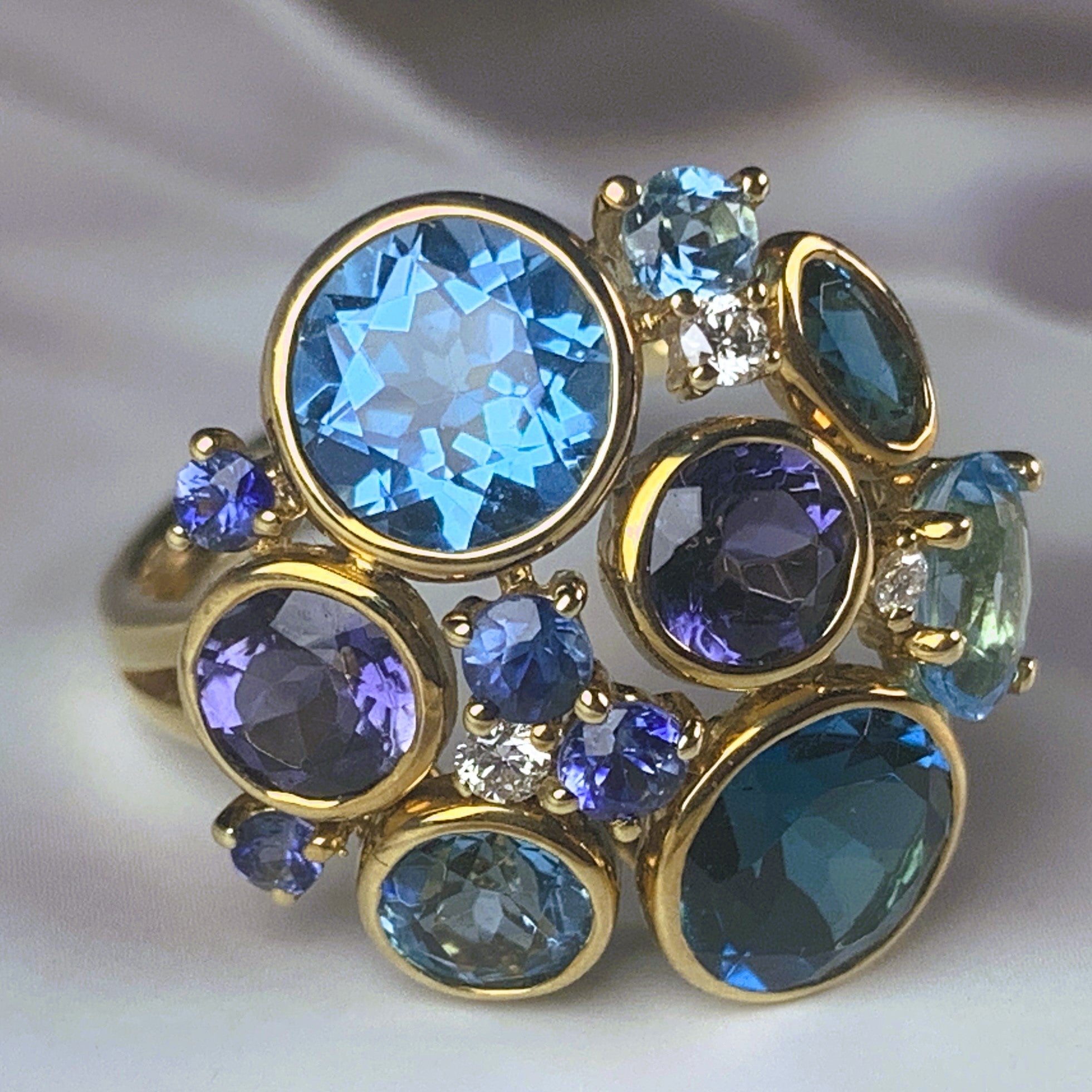 18kt Yellow Gold designer cluster ring with Tanzanite, Blue Topaz and Iolite - Masterpiece Jewellery Opal & Gems Sydney Australia | Online Shop