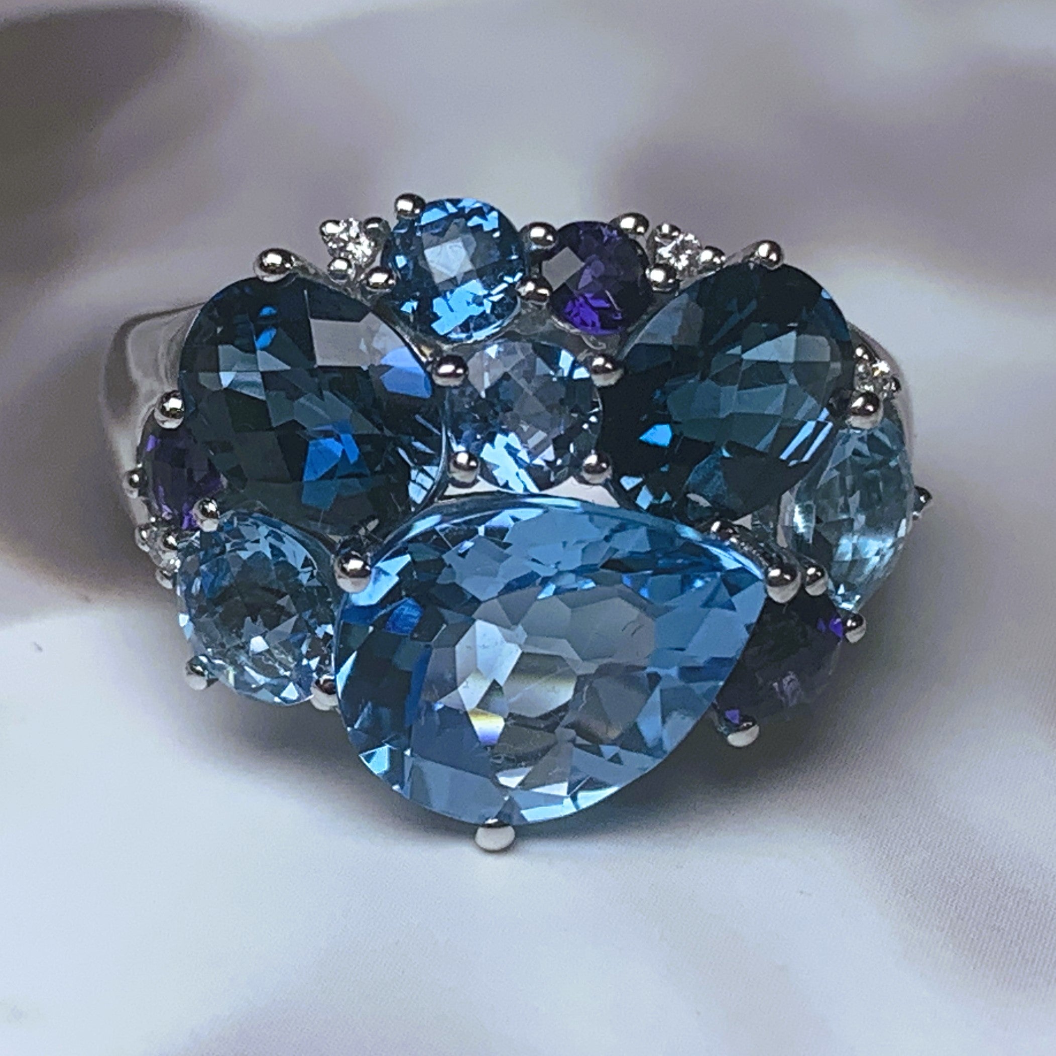 18kt White Gold cluster Blue Topaz, Iolite and Diamond ring - Masterpiece Jewellery Opal & Gems Sydney Australia | Online Shop