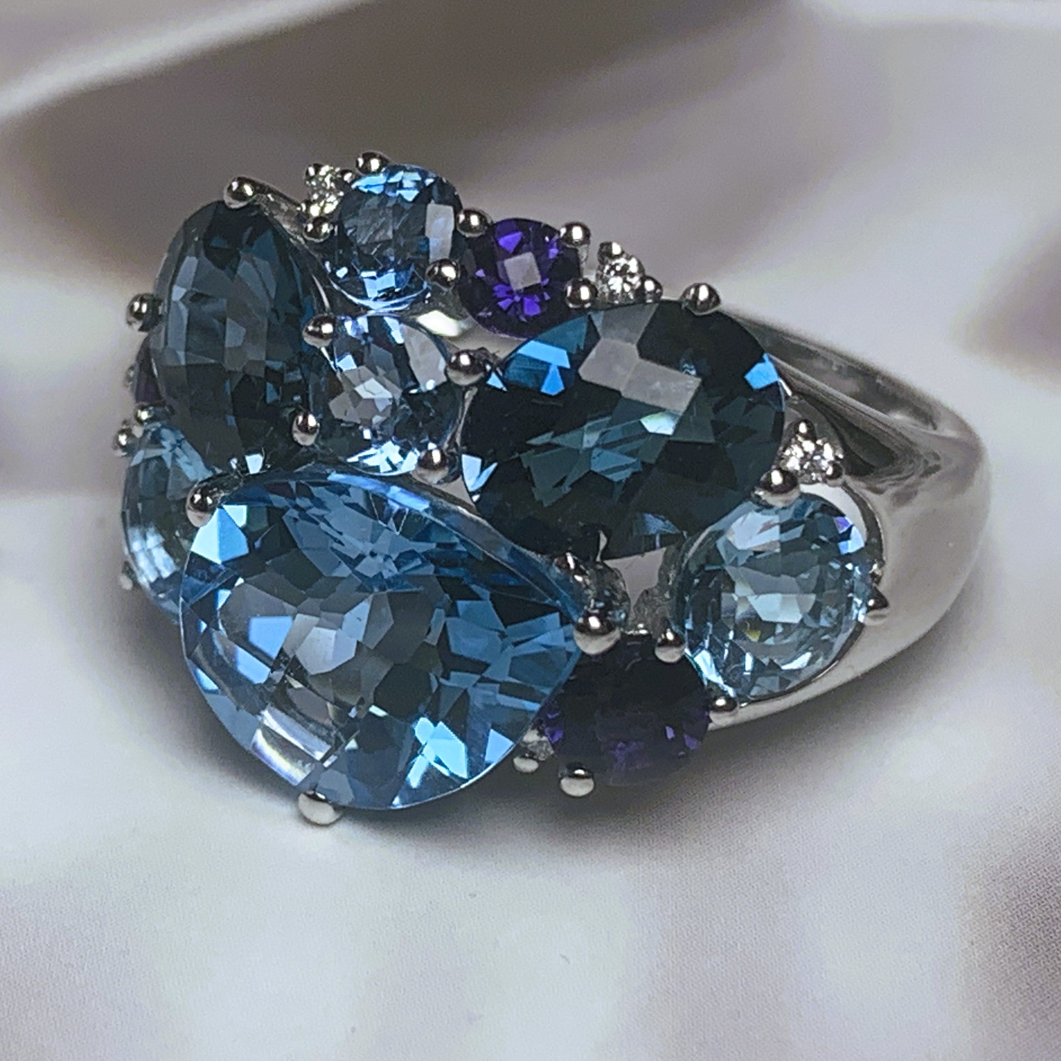 18kt White Gold cluster Blue Topaz, Iolite and Diamond ring - Masterpiece Jewellery Opal & Gems Sydney Australia | Online Shop