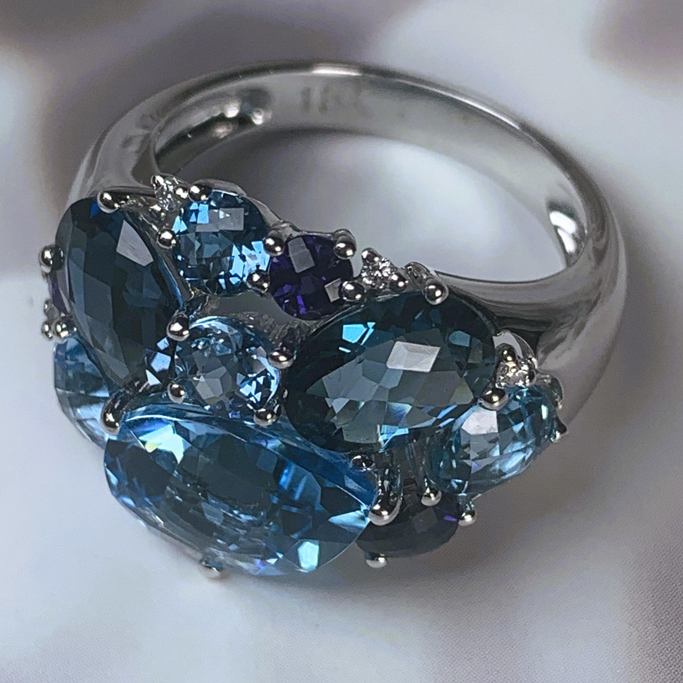 18kt White Gold cluster Blue Topaz, Iolite and Diamond ring - Masterpiece Jewellery Opal & Gems Sydney Australia | Online Shop