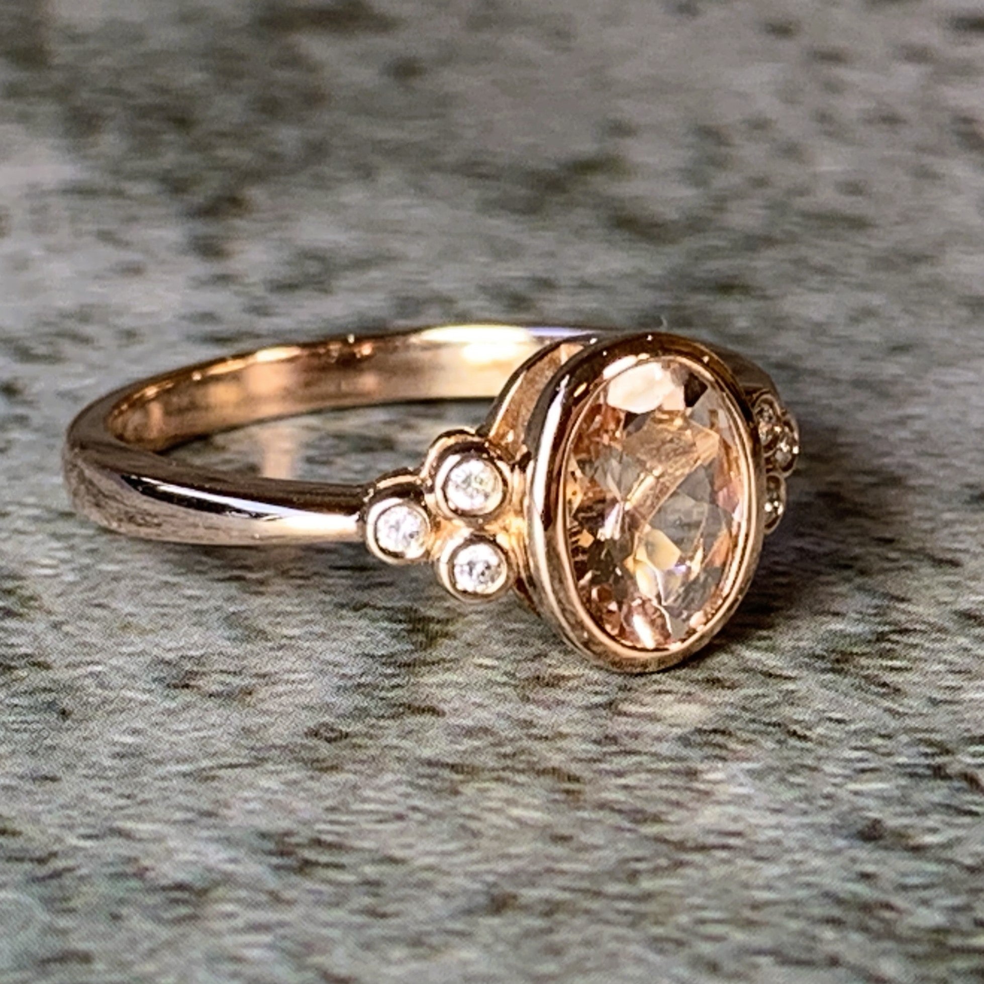 9kt Rose Gold Morganite and Diamond bezel set ring - Masterpiece Jewellery Opal & Gems Sydney Australia | Online Shop