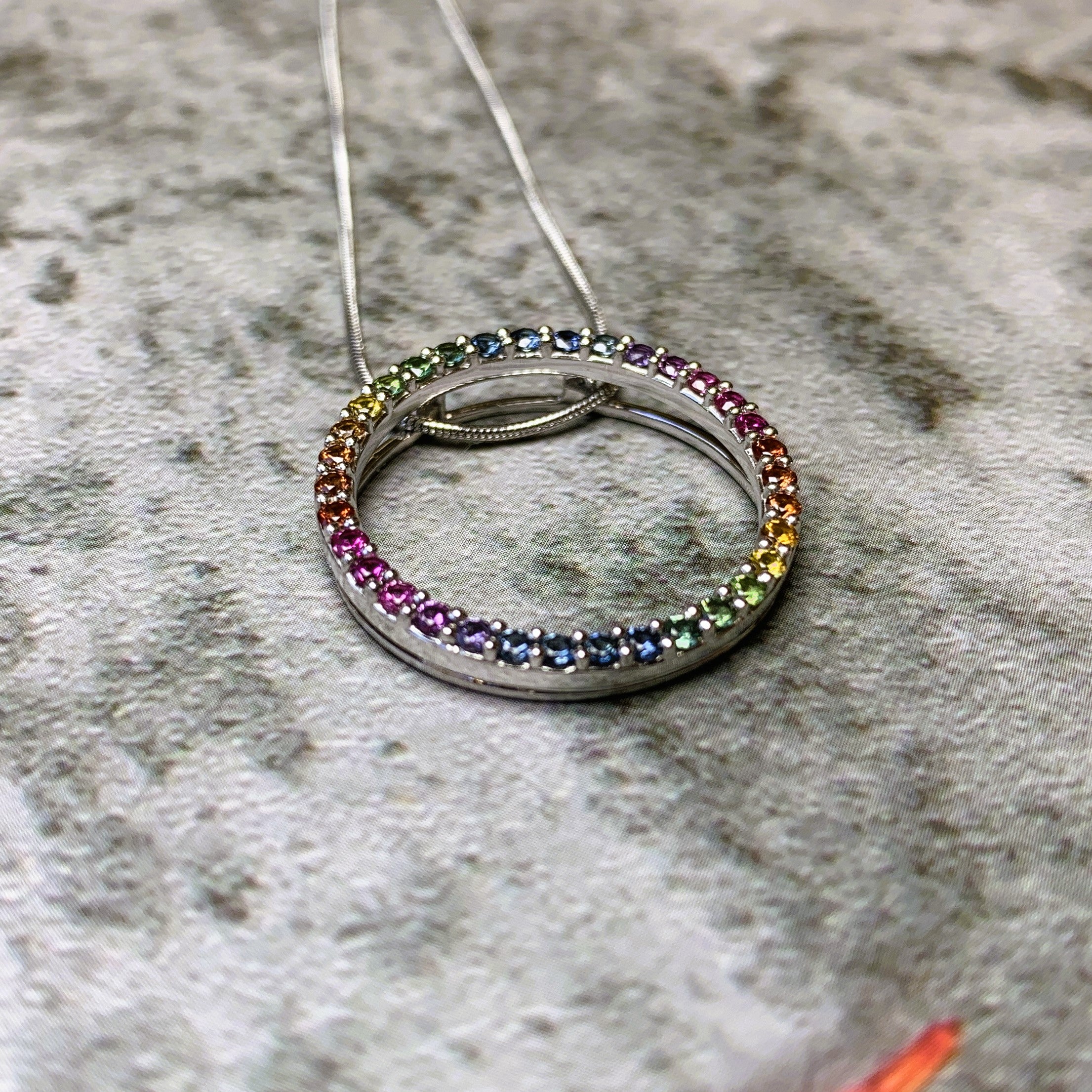 9kt White Gold Multi Colour Sapphire Circle necklace - Masterpiece Jewellery Opal & Gems Sydney Australia | Online Shop