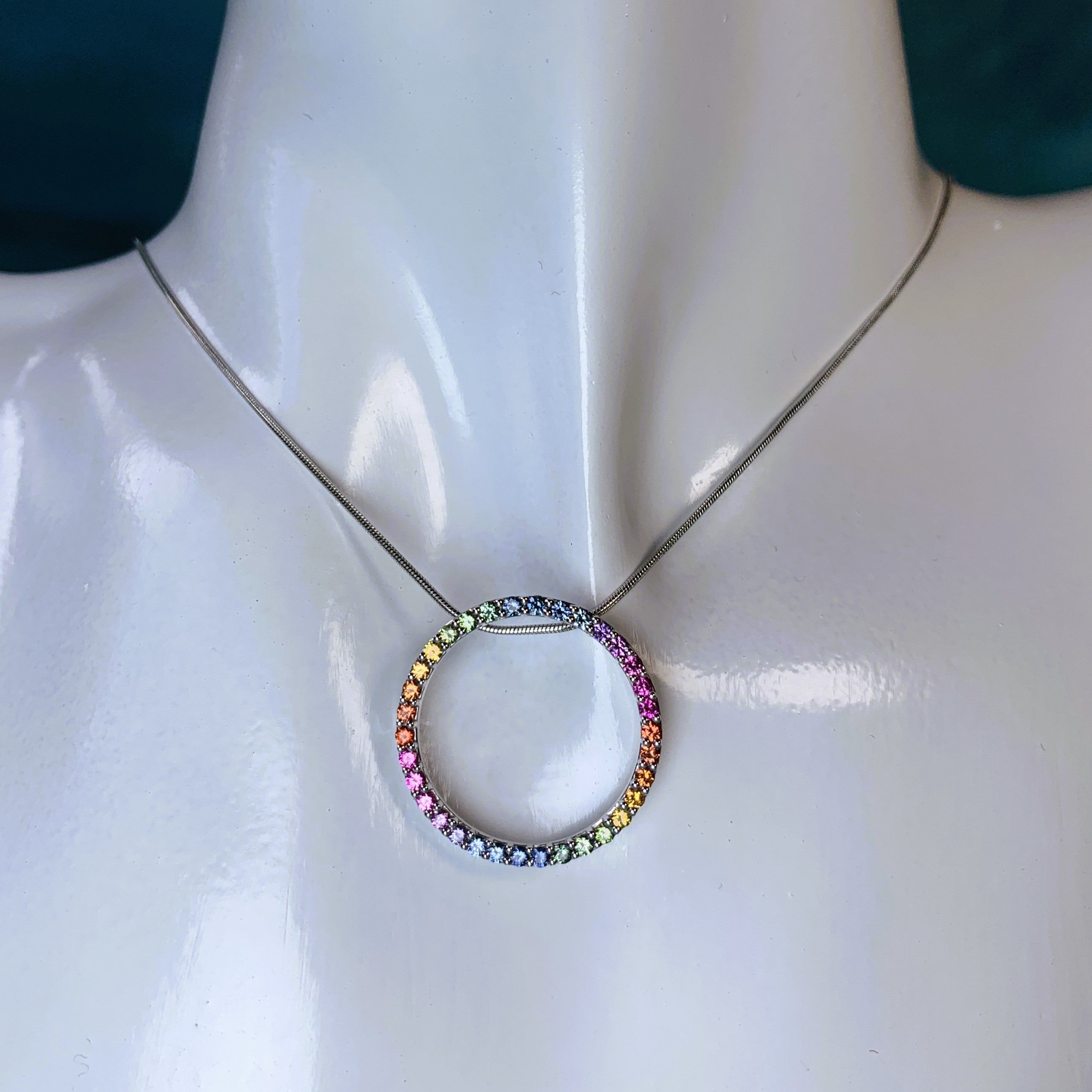 9kt White Gold Multi Colour Sapphire Circle necklace - Masterpiece Jewellery Opal & Gems Sydney Australia | Online Shop