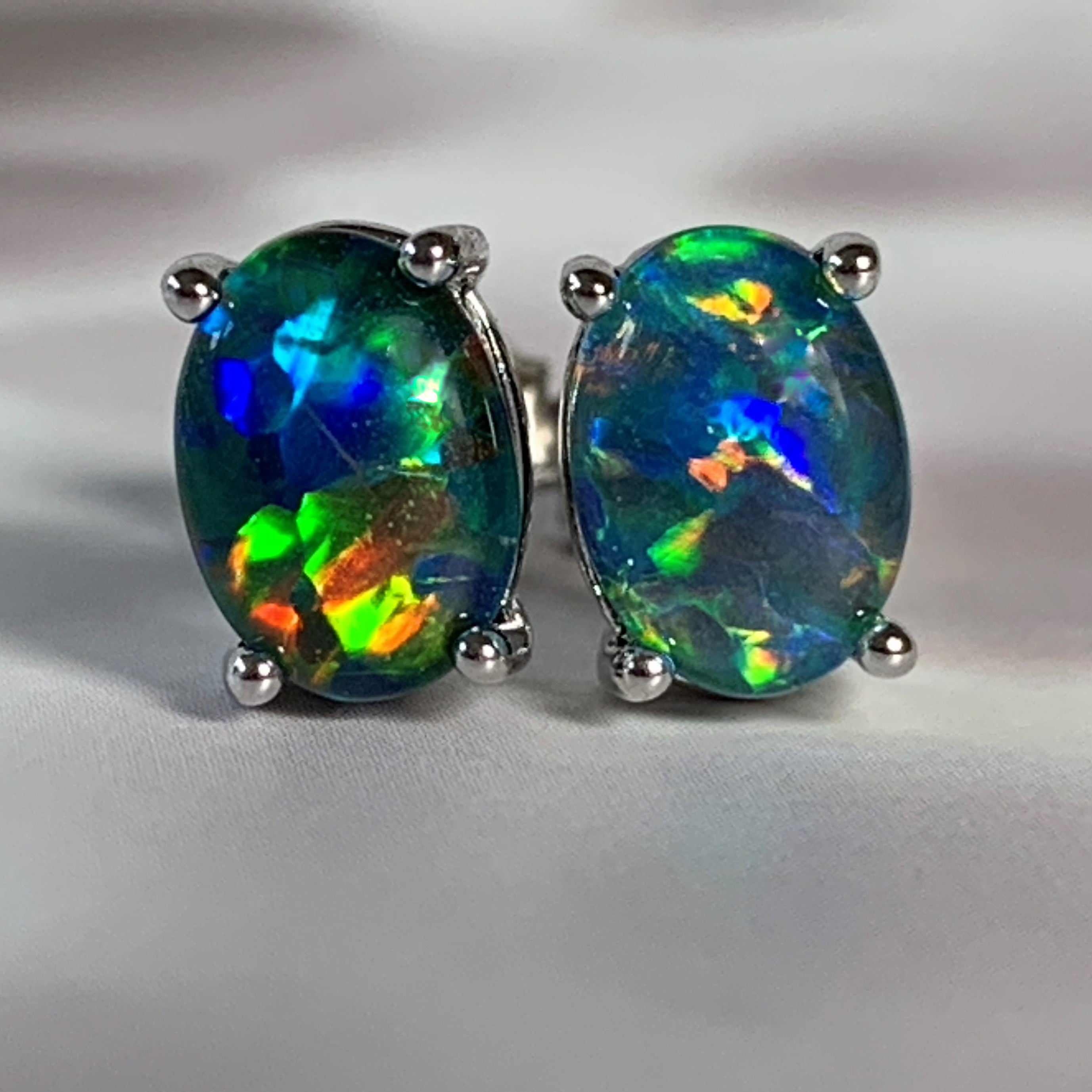 Sterling Silver 7x5mm Opal Triplets claw studs - Masterpiece Jewellery Opal & Gems Sydney Australia | Online Shop