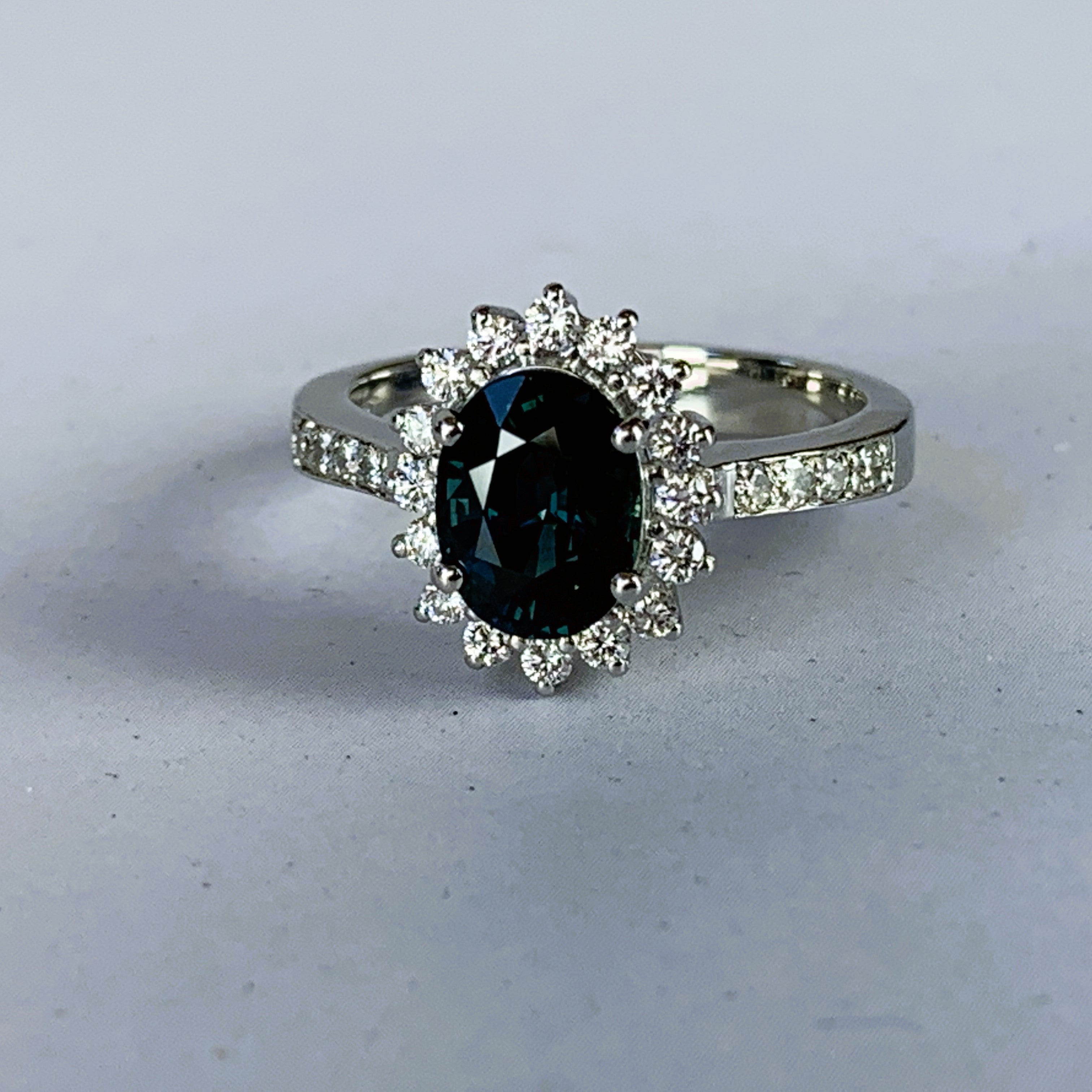 Platinum Teal sapphire 2.07ct and Diamond cluster ring - Masterpiece Jewellery Opal & Gems Sydney Australia | Online Shop