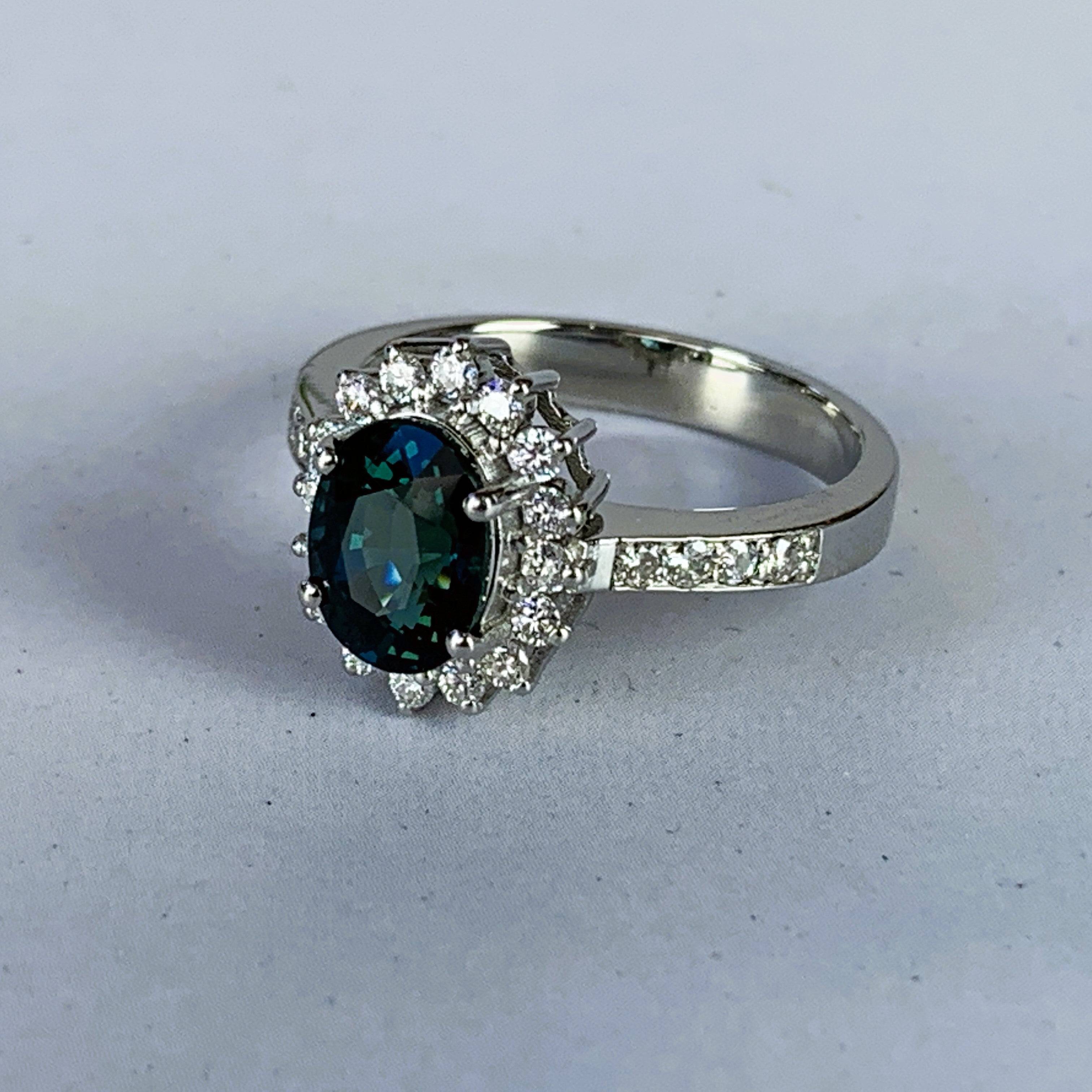 Platinum Teal sapphire 2.07ct and Diamond cluster ring - Masterpiece Jewellery Opal & Gems Sydney Australia | Online Shop