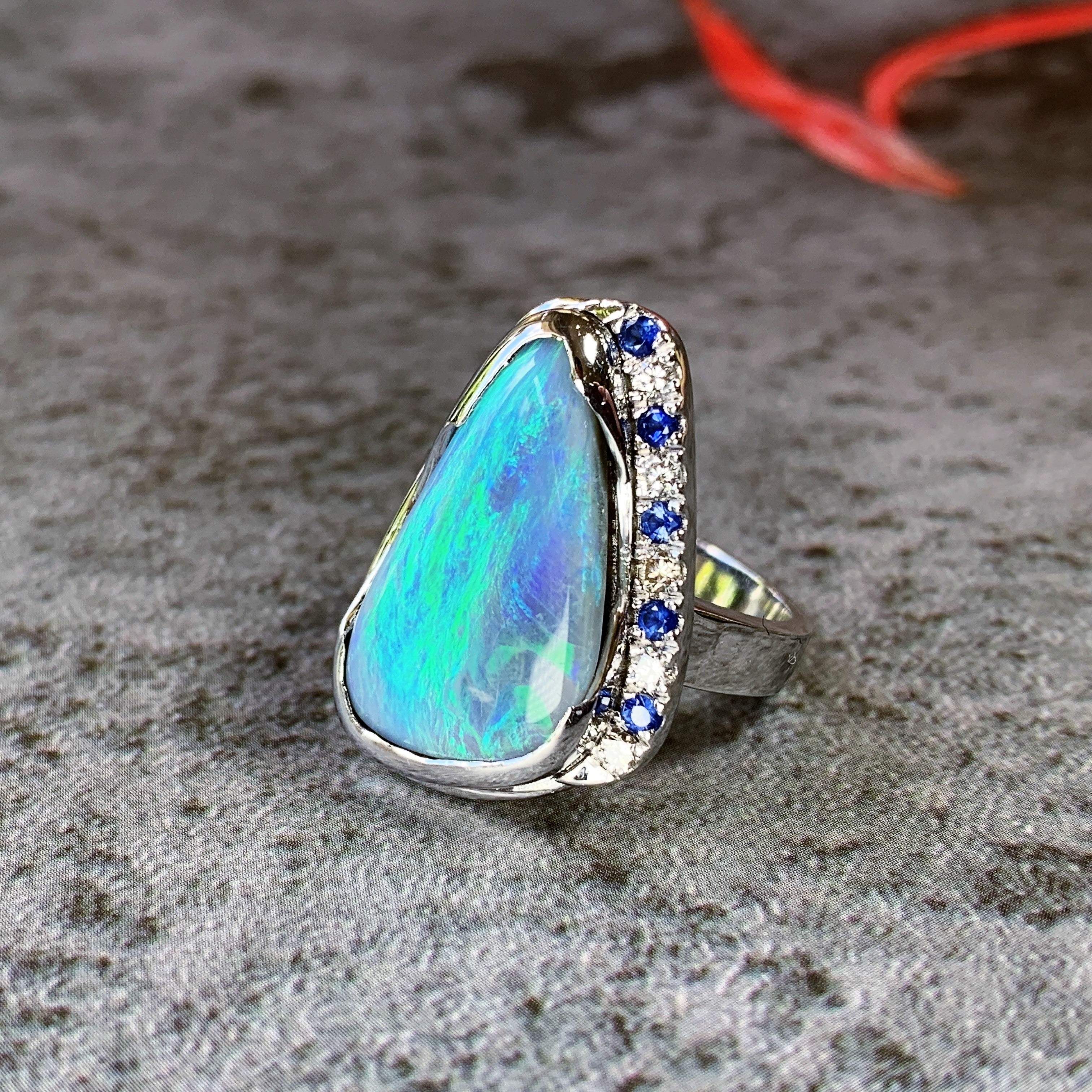 18kt White Gold bezel set Black Opal, Sapphire and Diamond ring - Masterpiece Jewellery Opal & Gems Sydney Australia | Online Shop