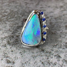 18kt White Gold bezel set Black Opal, Sapphire and Diamond ring - Masterpiece Jewellery Opal & Gems Sydney Australia | Online Shop