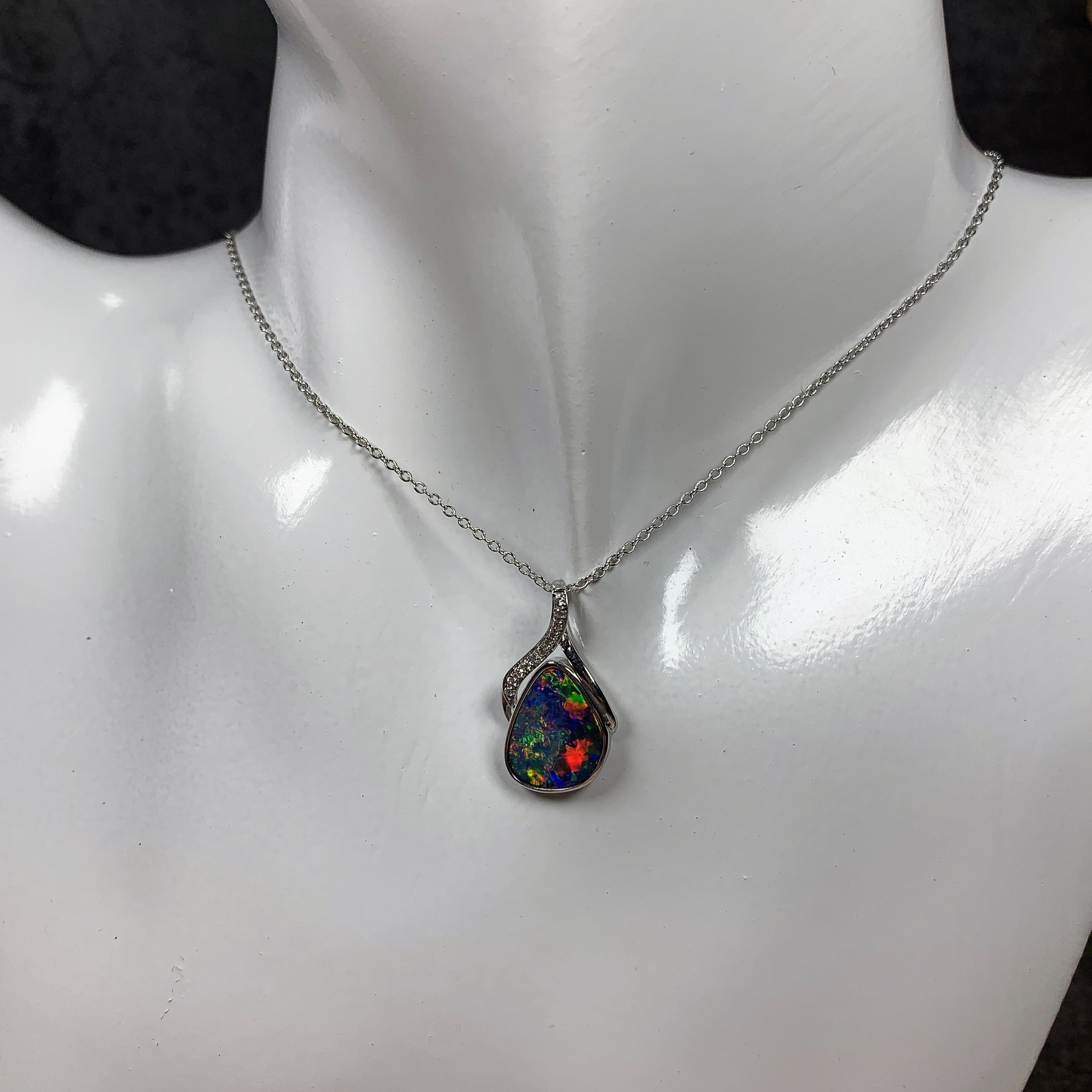 14kt White Gold Multi colour Opal 10x14mm and Diamond pendant - Masterpiece Jewellery Opal & Gems Sydney Australia | Online Shop