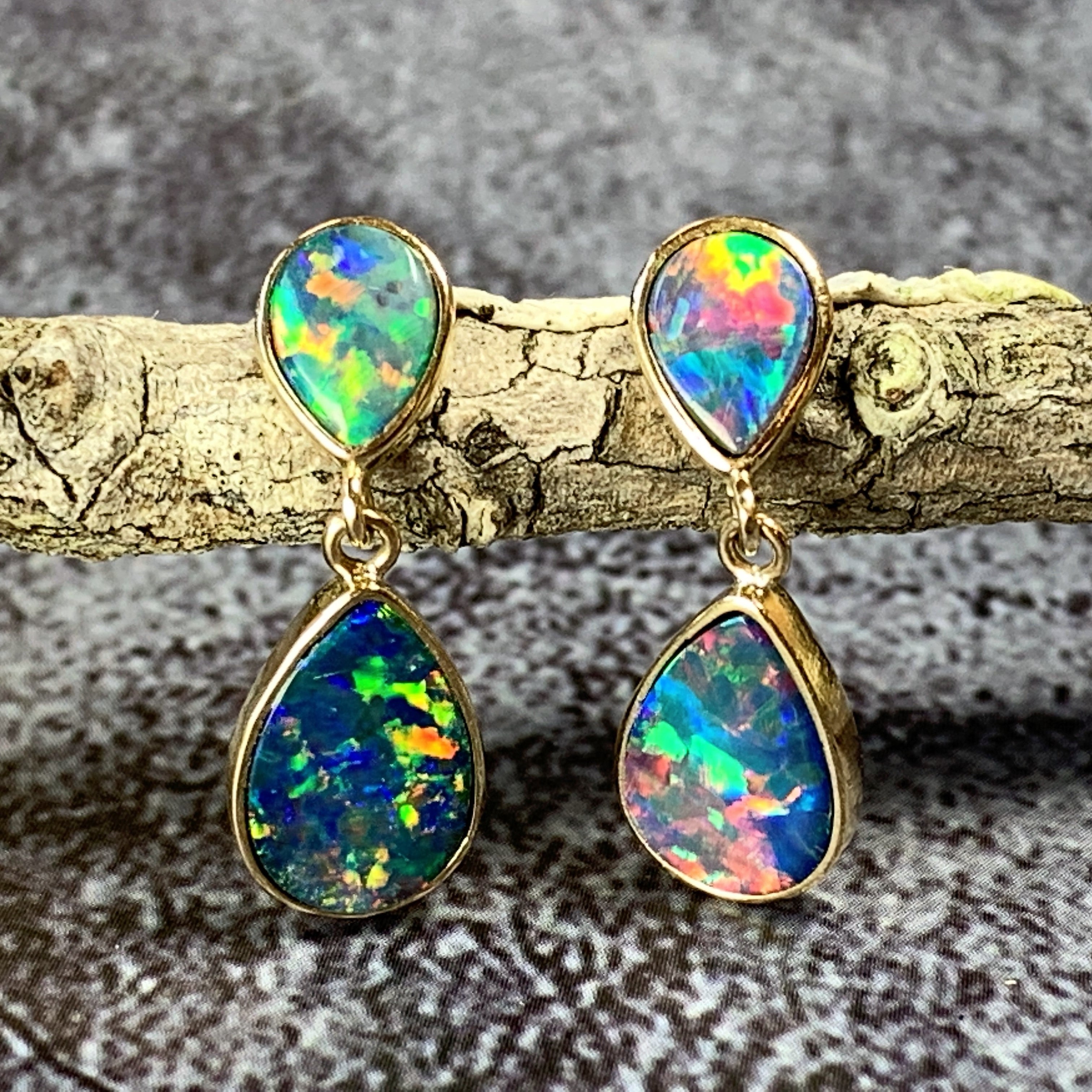 14kt Yellow Gold dangling Fire Opal doublet earrings 3.17ct - Masterpiece Jewellery Opal & Gems Sydney Australia | Online Shop