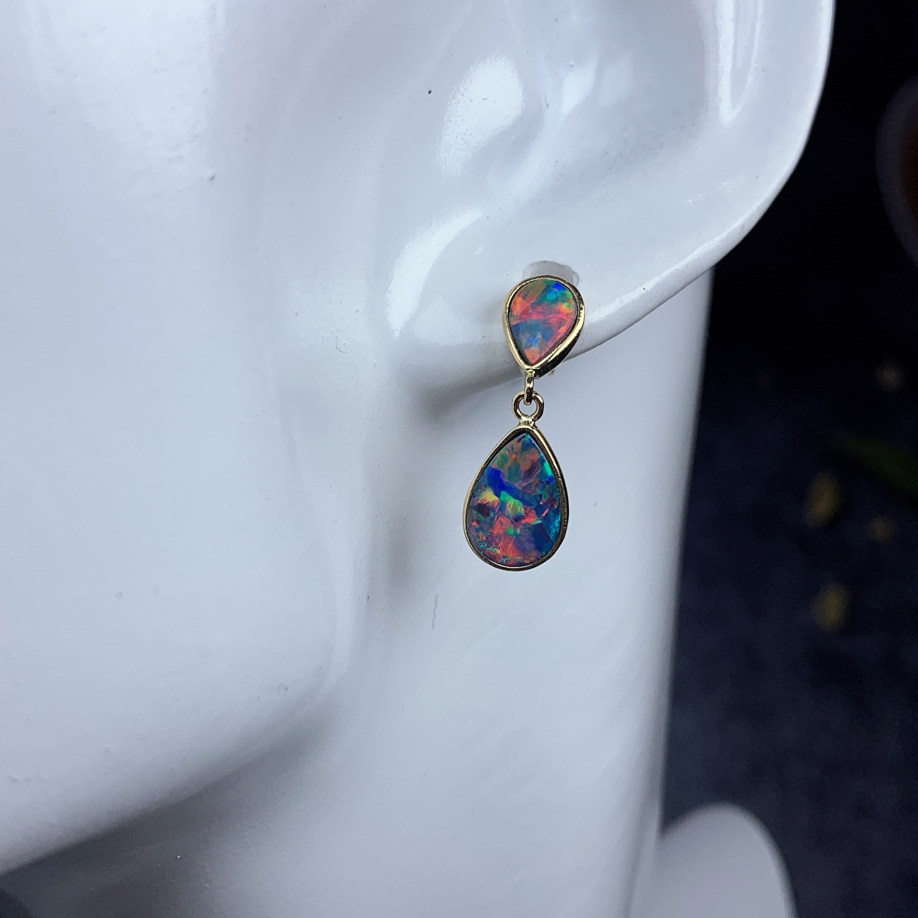 14kt Yellow Gold dangling Fire Opal doublet earrings 3.17ct - Masterpiece Jewellery Opal & Gems Sydney Australia | Online Shop