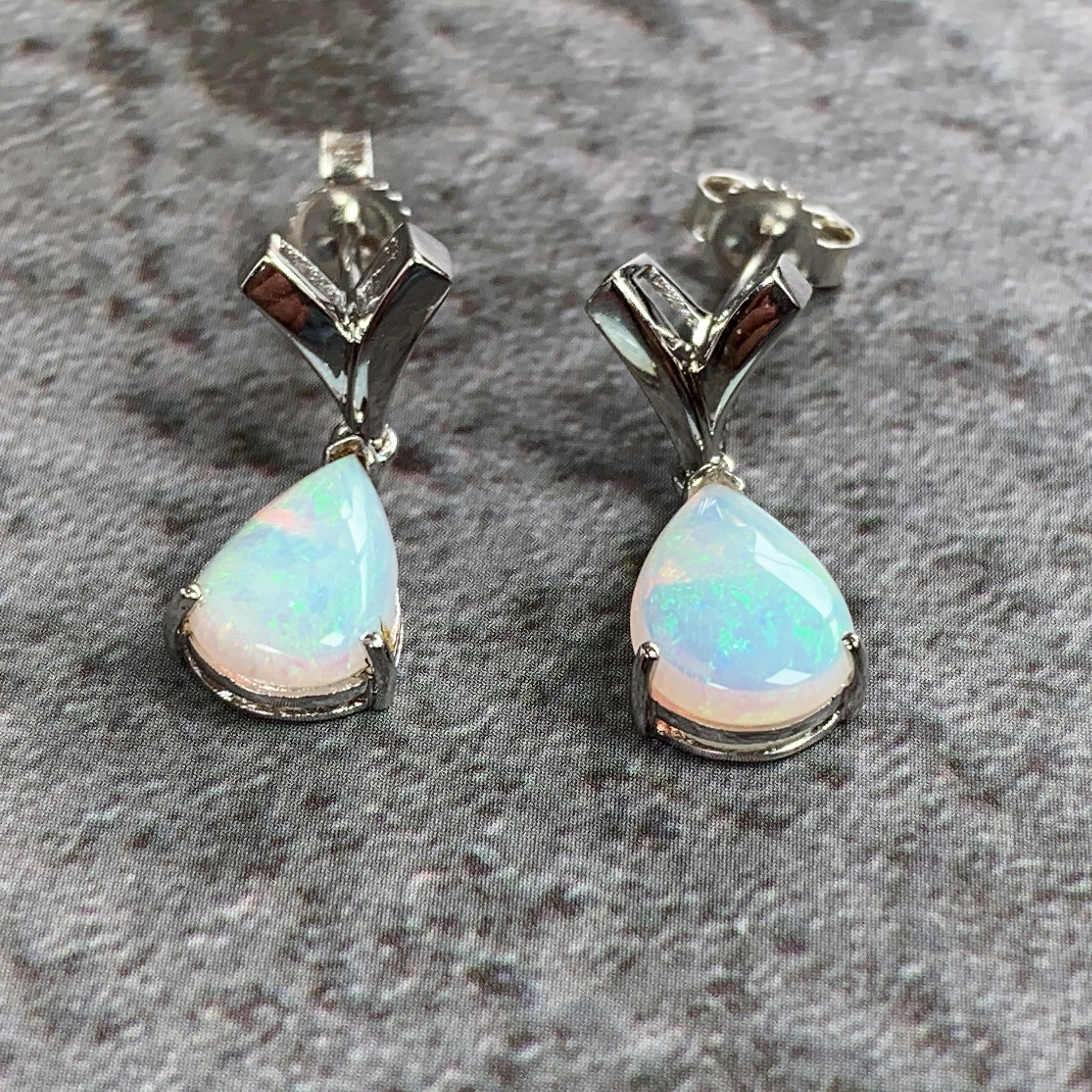 Sterling Silver Opal Pear shape earrings short drop on V shape studs - Masterpiece Jewellery Opal & Gems Sydney Australia | Online Shop