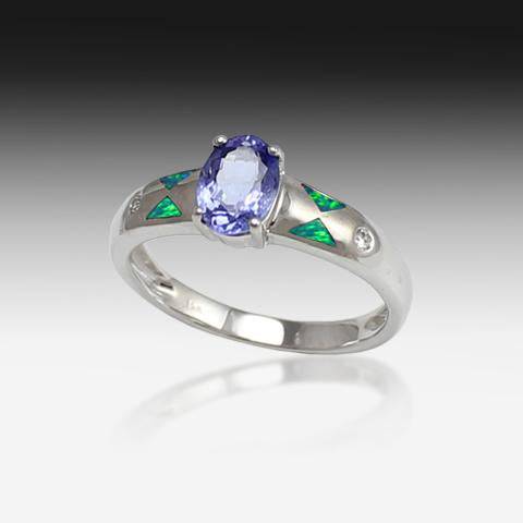 14kt White Gold ring with Tanzanite, Diamonds and Opal
