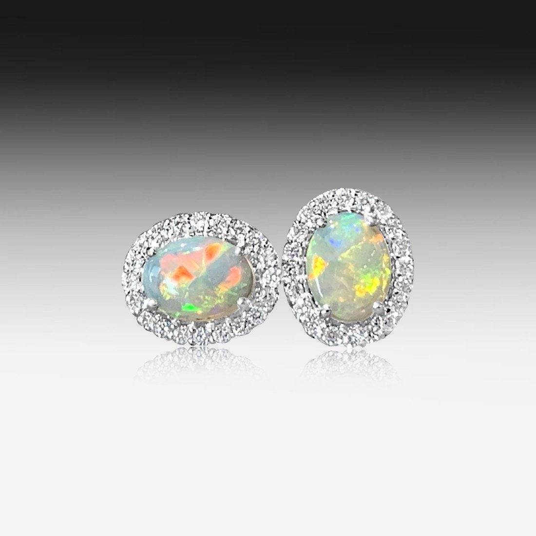 18kt White Gold cluster Diamonds earrings set with two Opals - Masterpiece Jewellery Opal & Gems Sydney Australia | Online Shop