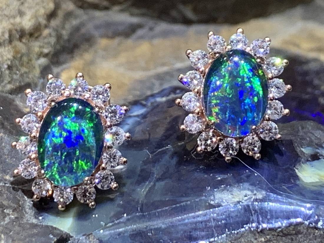 Sterling Silver Rose Gold plated Cluster 8x6mm Opal triplet studs - Masterpiece Jewellery Opal & Gems Sydney Australia | Online Shop