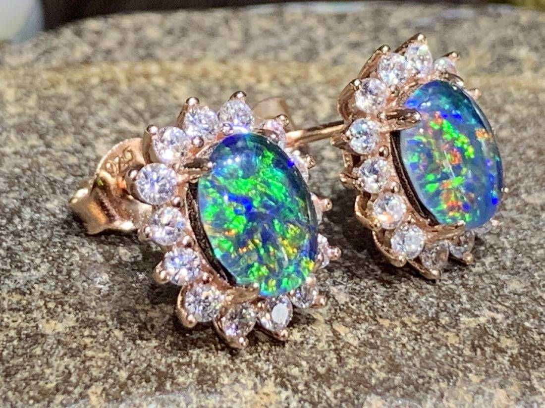 Sterling Silver Rose Gold plated Cluster 8x6mm Opal triplet studs - Masterpiece Jewellery Opal & Gems Sydney Australia | Online Shop