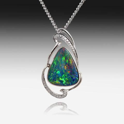 14KT WHITE GOLD OPAL AND DIAMOND PENDANT - Masterpiece Jewellery Opal & Gems Sydney Australia | Online Shop