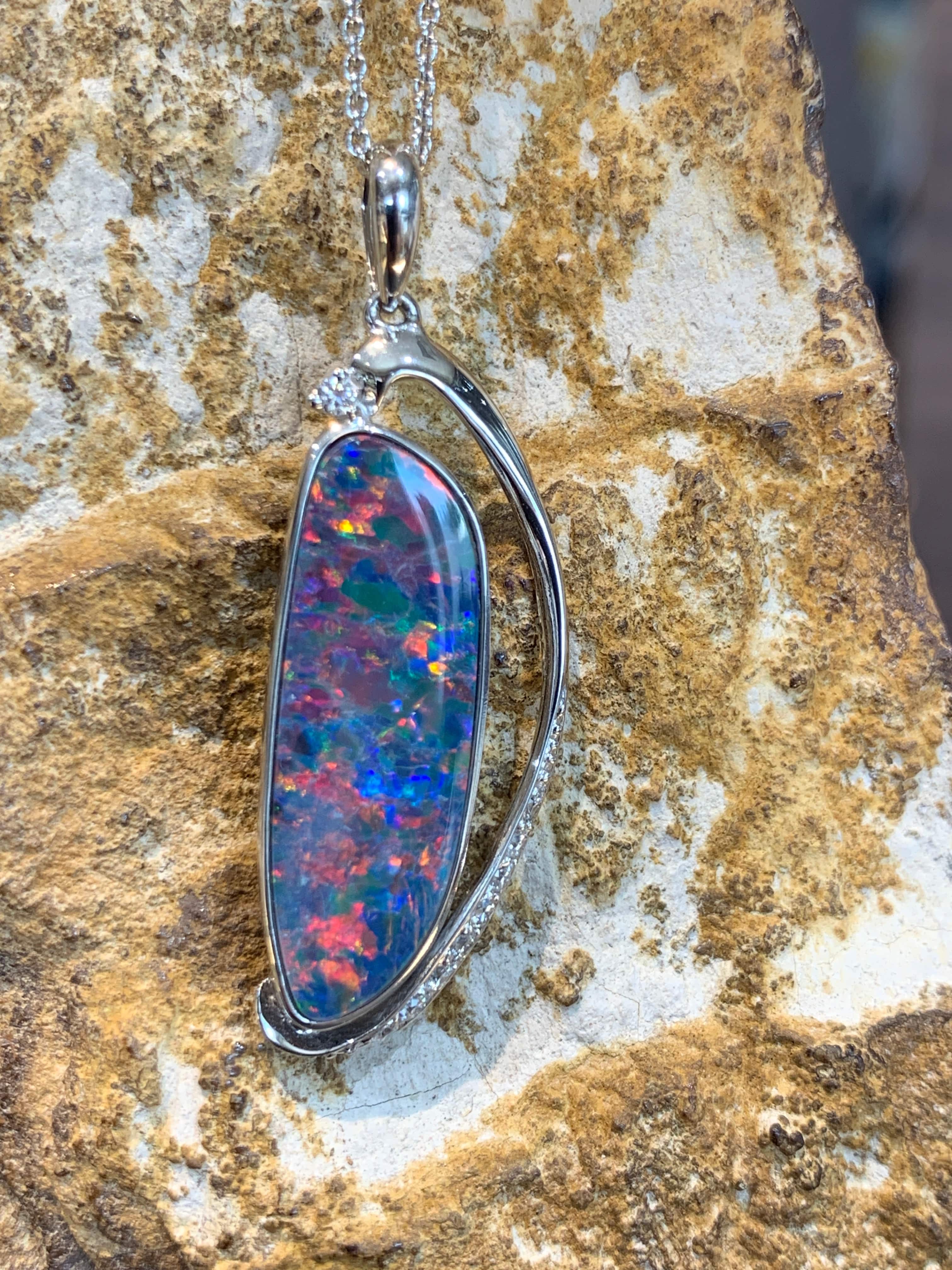 14kt White Gold Opal and diamond pendant - Masterpiece Jewellery Opal & Gems Sydney Australia | Online Shop