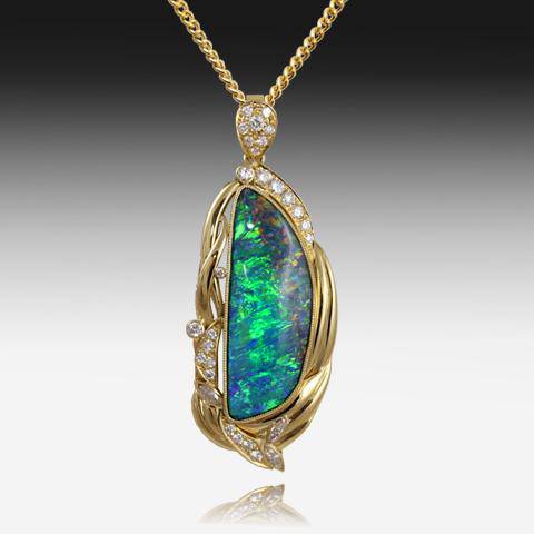 18kt Yellow Gold Boulder Opal and Diamond pendant - Masterpiece Jewellery Opal & Gems Sydney Australia | Online Shop