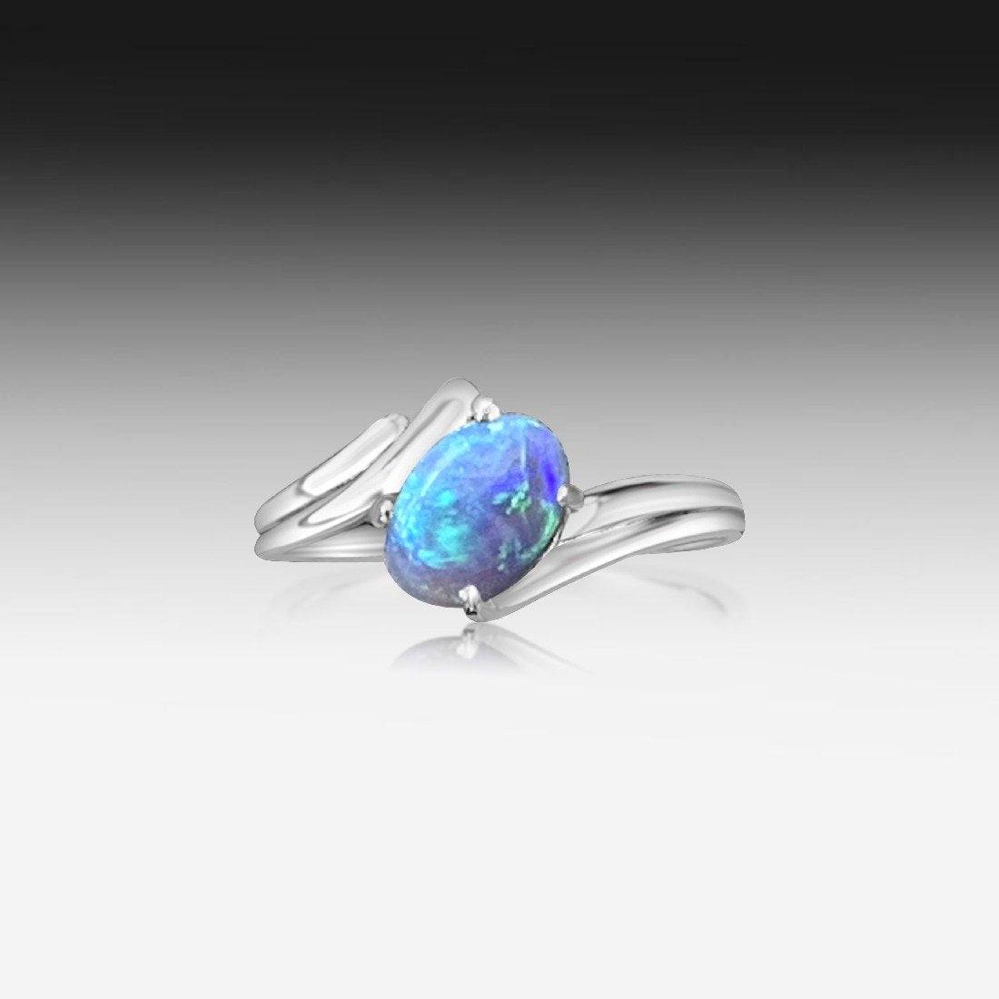 14kt White Gold split shank Black Opal ring - Masterpiece Jewellery Opal & Gems Sydney Australia | Online Shop