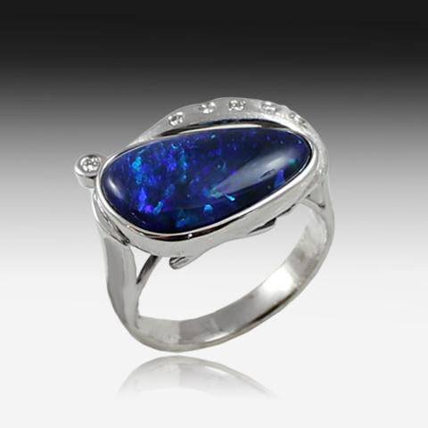 18KT WHITE GOLD BLACK OPAL AND DIAMOND RING - Masterpiece Jewellery Opal & Gems Sydney Australia | Online Shop