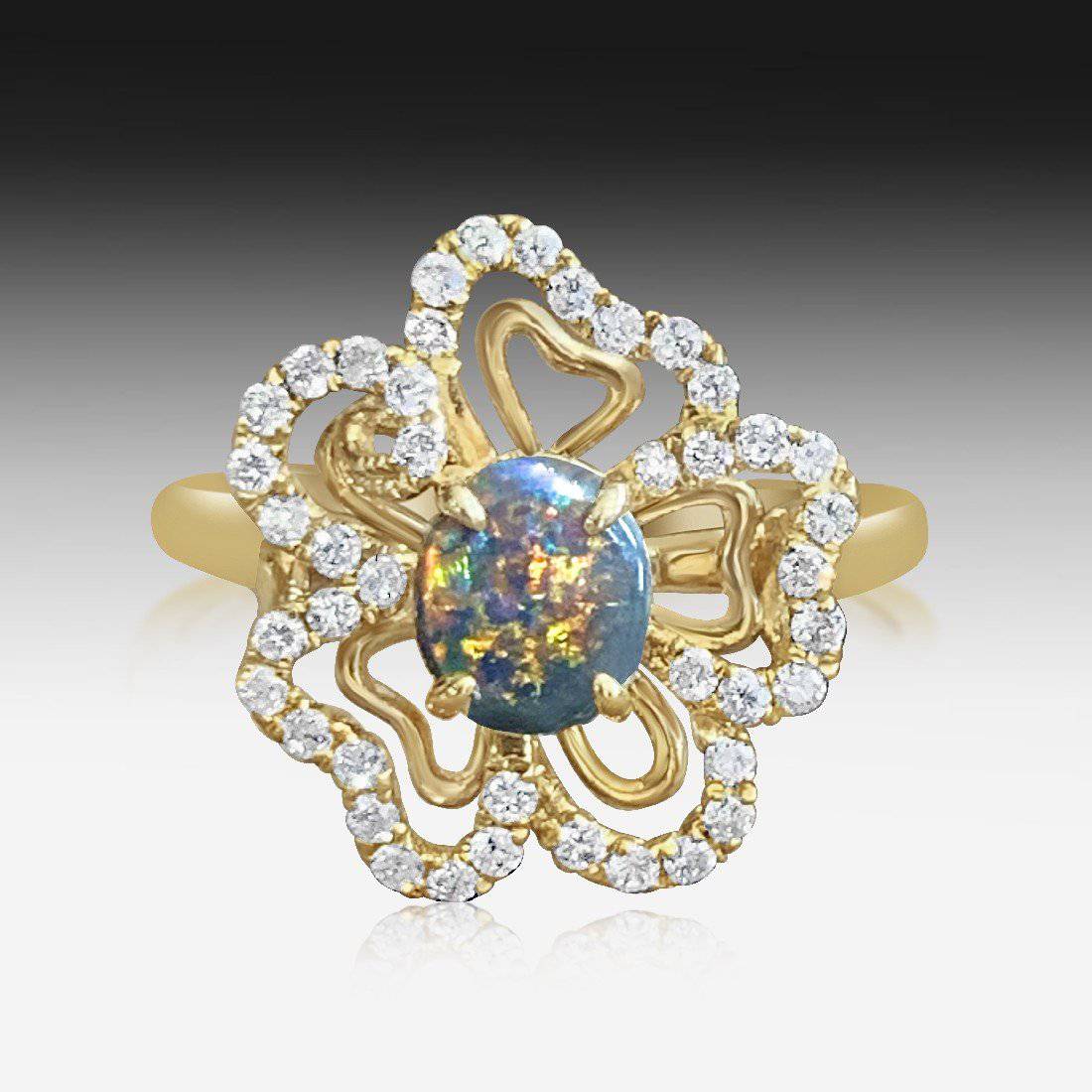 18kt Yellow Gold floral design Black Opal Diamond ring - Masterpiece Jewellery Opal & Gems Sydney Australia | Online Shop